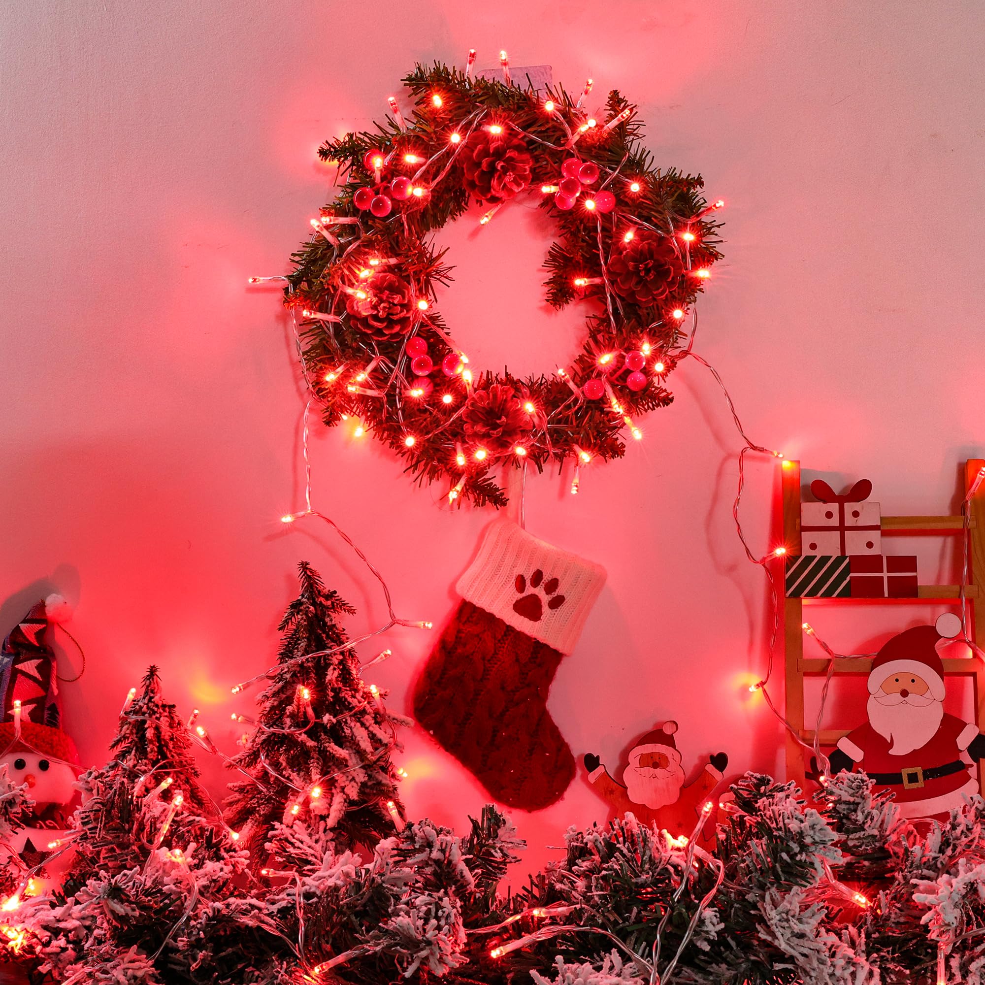 Lomotech Battery Operated Christmas Lights - 4 Pack Total 66Ft 200Leds String Lights 8 Modes Waterproof With Timer For Home  Garden  Party  Holiday  Tree Decoration (Clear Wire  Red)