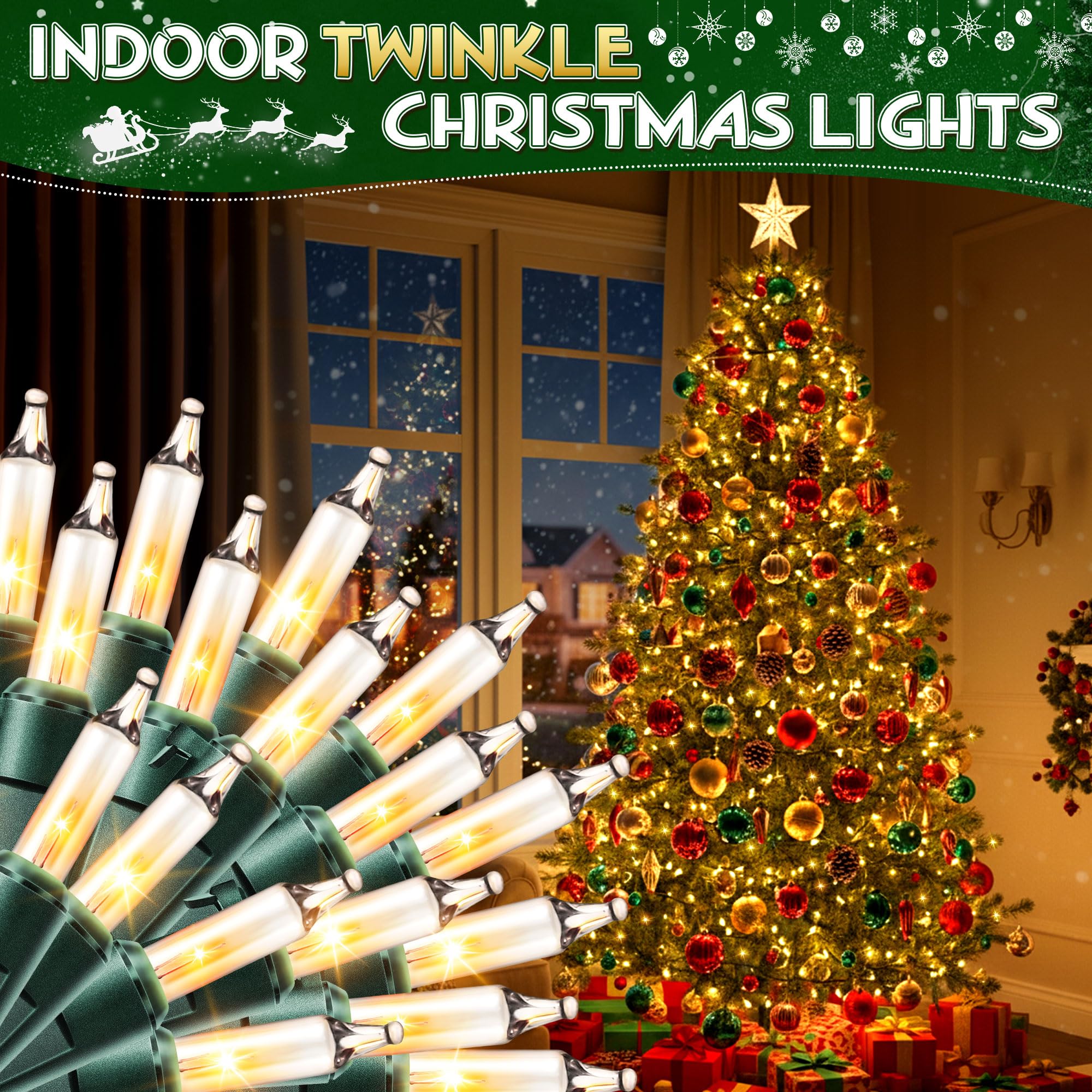 Enhon Twinkle Christmas Lights, 50.4 FT, 24 Random Twinkle Bulbs, IP44 Waterproof, White, Model LCH7-100L/2F