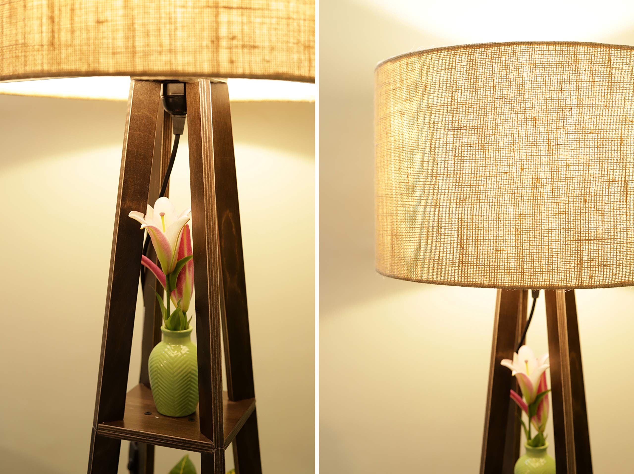 Crosscut Furniture Wooden Floor Lamp with shelf in Dark Finish (Natural Jute)