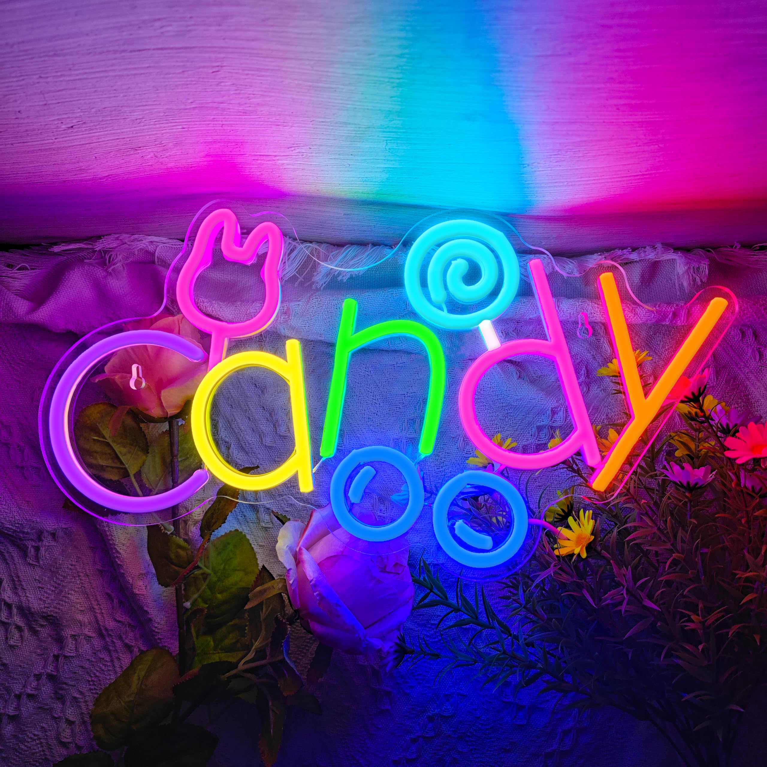 Candy Neon Sign USB Powered LED Bunny Candy Neon Signs Dimmable LED Neon Lights for Bedroom Candy Bar Shop Candy Cart Display Halloween Party Candy Land Party Art Decoration Birthday Gifts