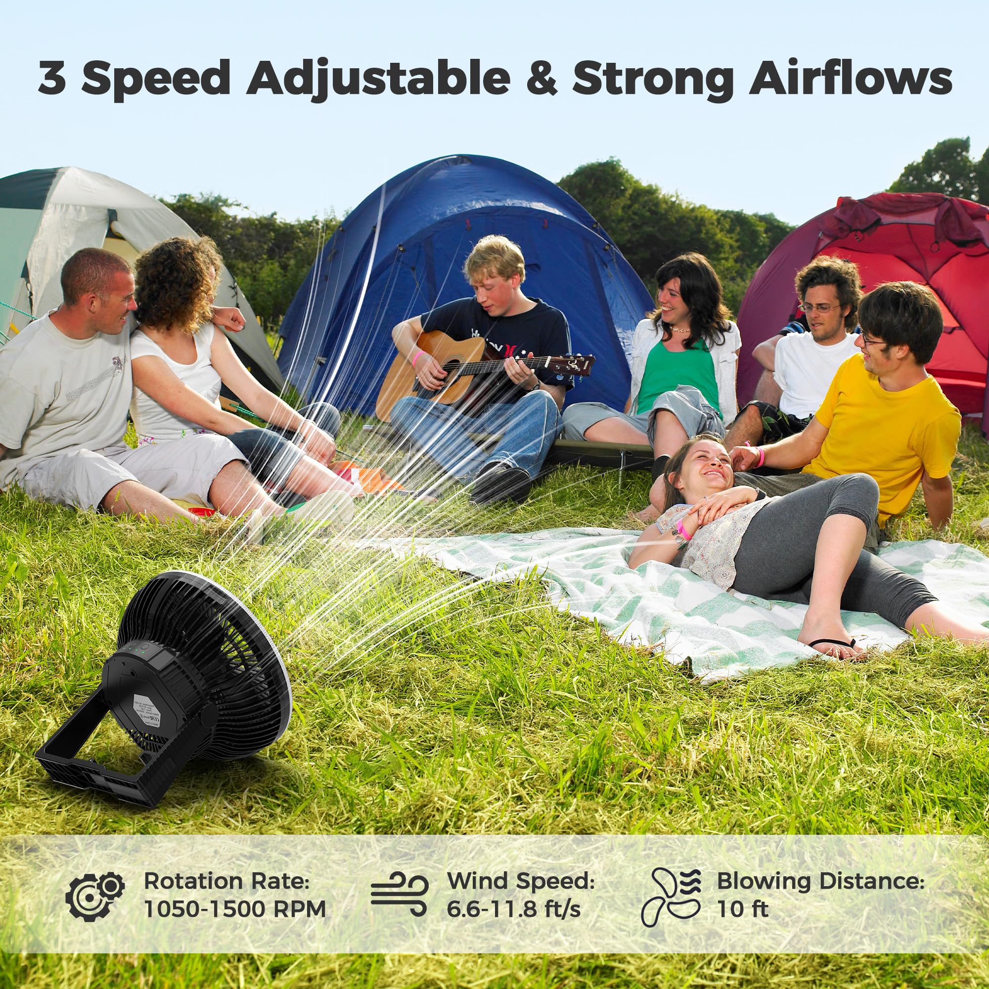 COMLIFE 10000mAh Camping Fan and LED Light - 8" Rechargeable, Portable USB for Tent/Tabletop Use, Black, Model F001