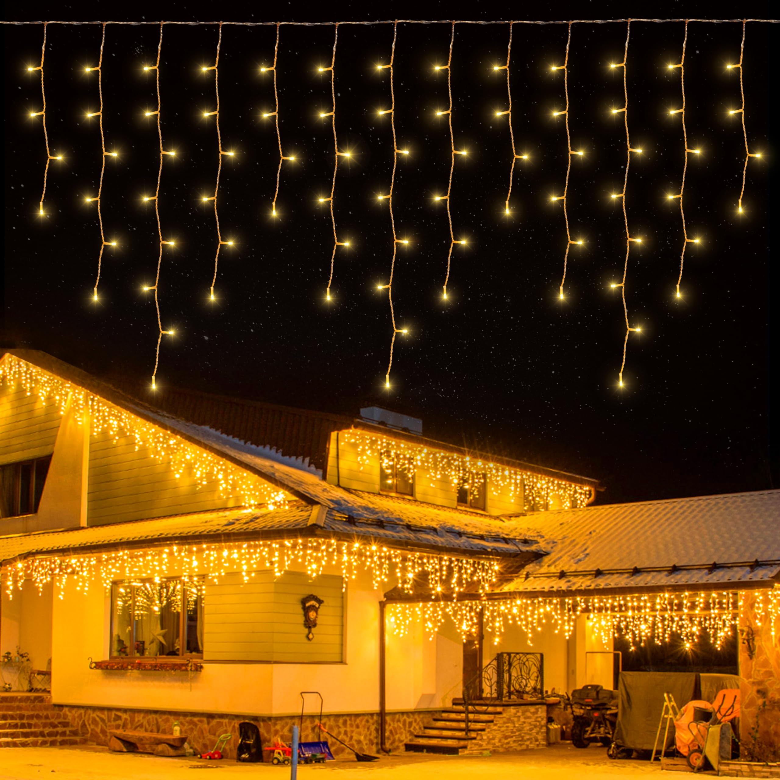 Qunlight 300L LED Icicle Lights, Warm White Window Curtain Lights,8 Modes with 30V Plug in for Wedding, Party, Bedroom, Home, Garden, Outdoor, Indoor Wall,Christmas Decorations,Connectable(Warm White)