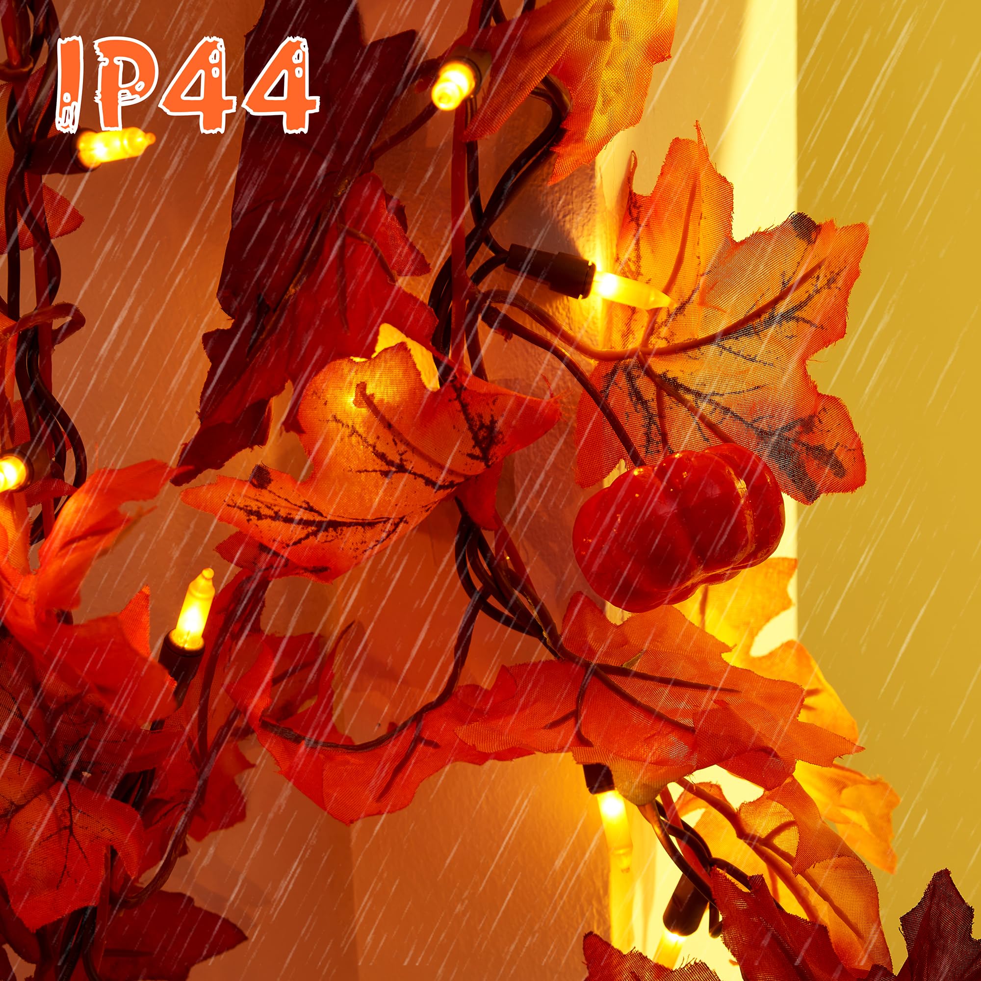 Fall Decor 11Ft Fall Garland With Lights - 50 Bulbs Plug In Fall Lights, Thanksgiving Decorations Indoor Outdoor Connectable Fall String Lights Leaves With Pumpkin, Thanksgiving Halloween Decorations