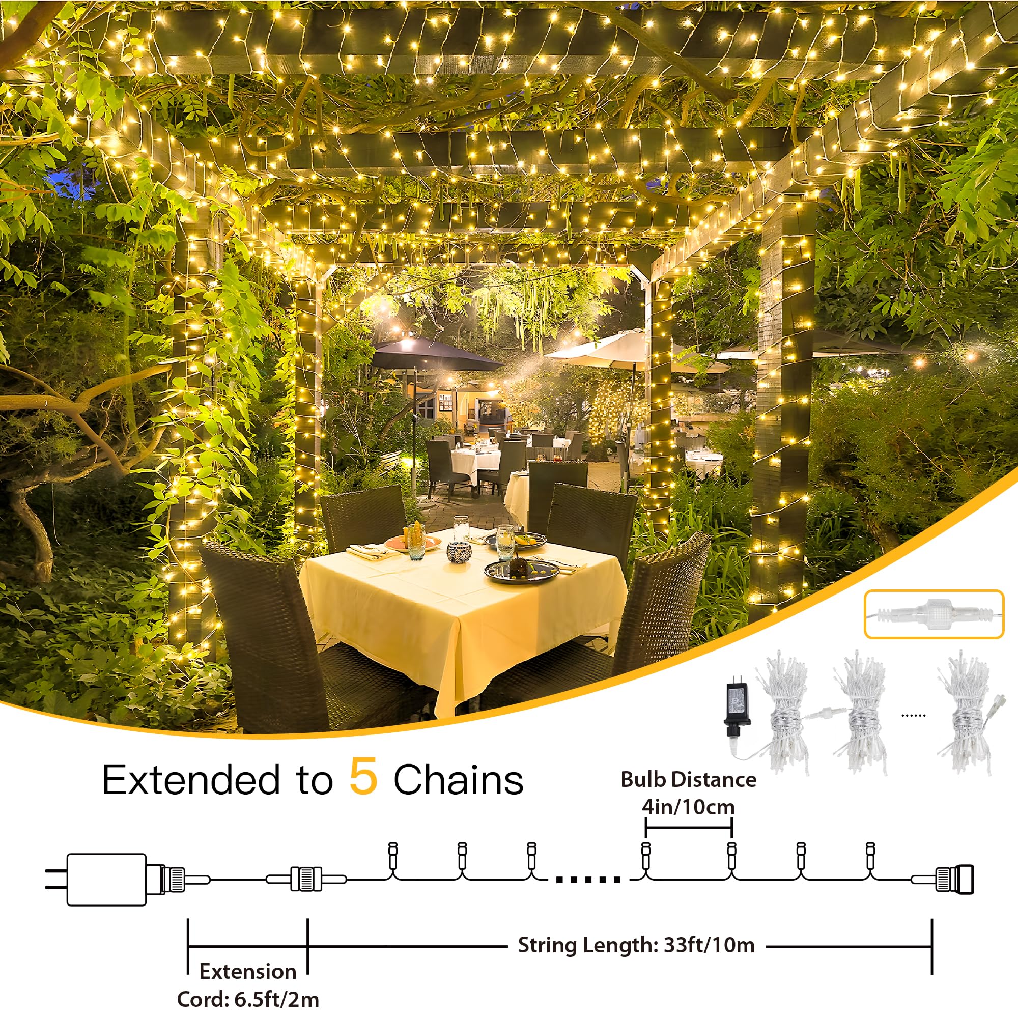 MYGOTO 33FT 100 LEDs String Lights Waterproof Fairy Lights 8 Modes Warm White QX-U-O-S-100-A-C