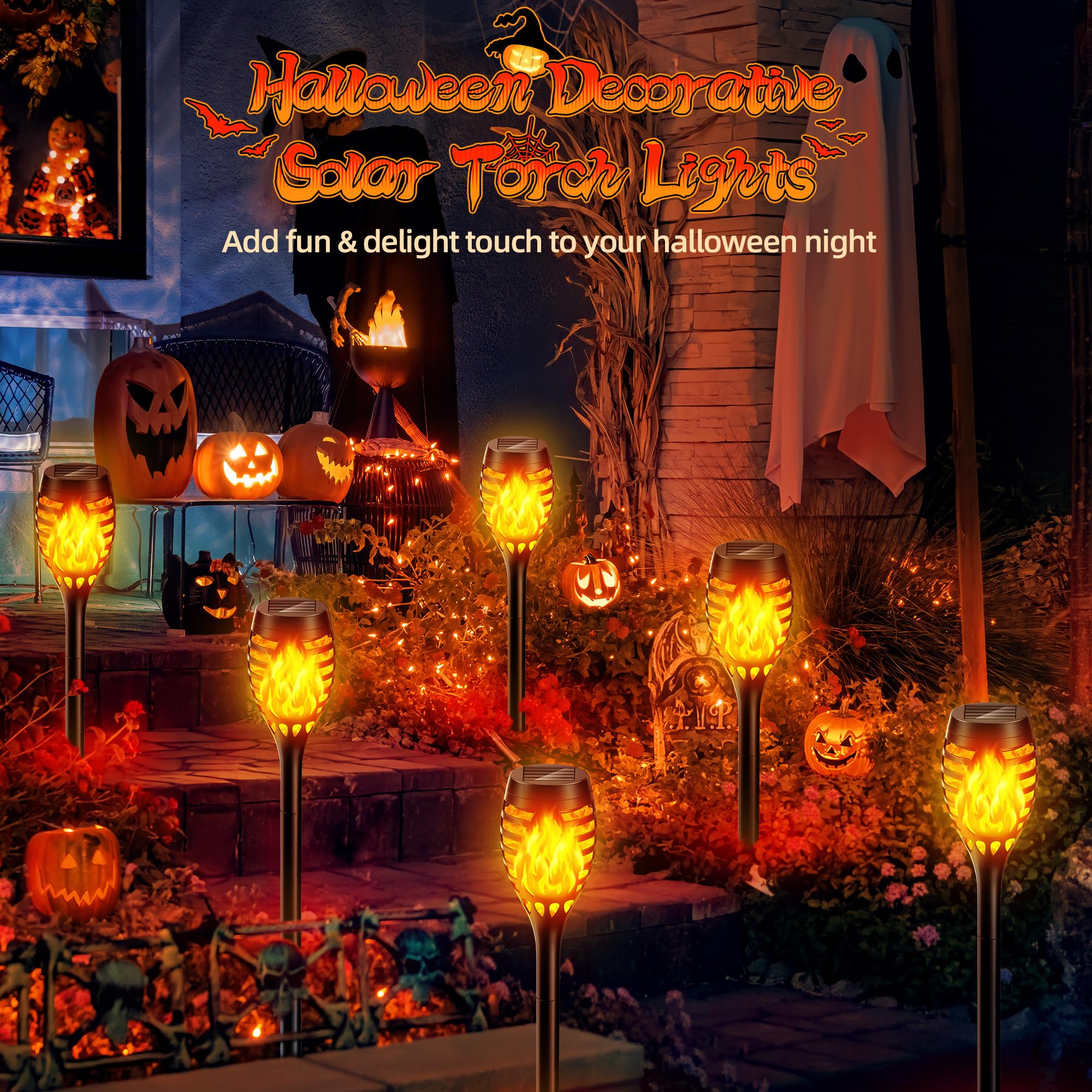 Bonlion Solar Torch Lights, 6 Pack Waterproof Flickering Flame Outdoor Halloween Decorations
