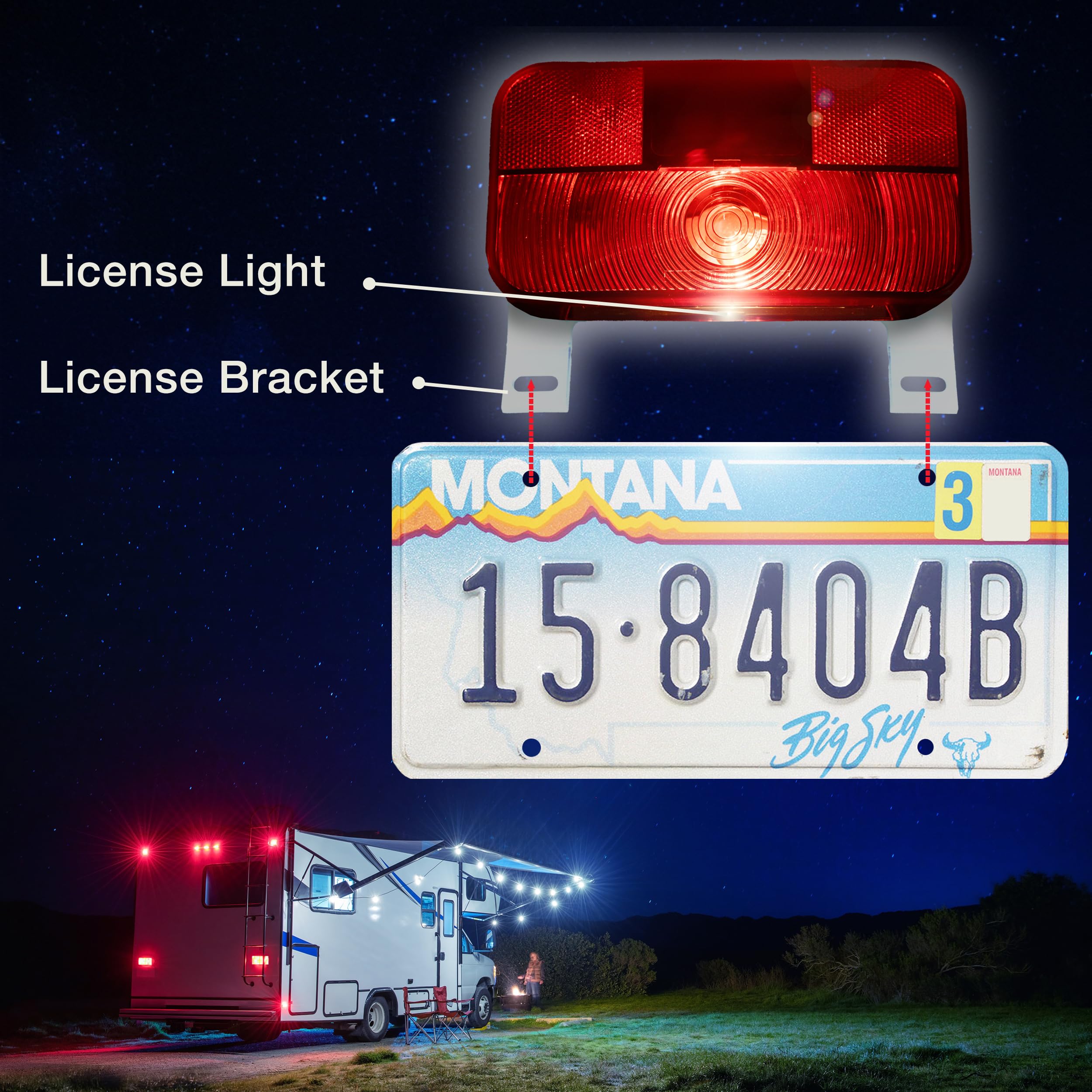 Lumitronics Red Surface Mount Light with License Bracket - Stop/Turn/Tail for RV, Trailer, Camper, 5th Wheel, Motorhome - White