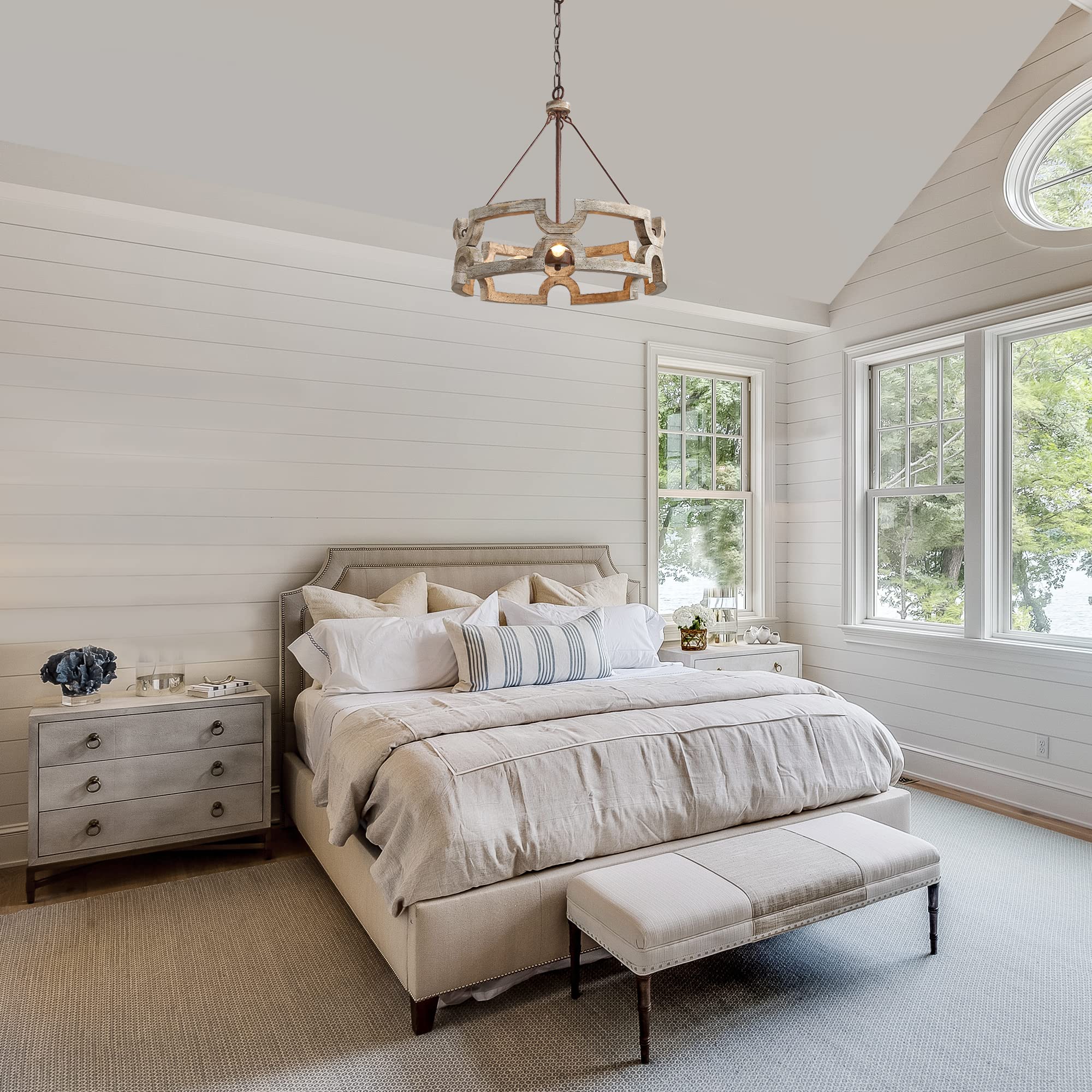 KSANA Farmhouse Chandelier, Wood Drum, Hand-discomfort-reducingted White Finish, W19.5” x H21”, Antique Dark