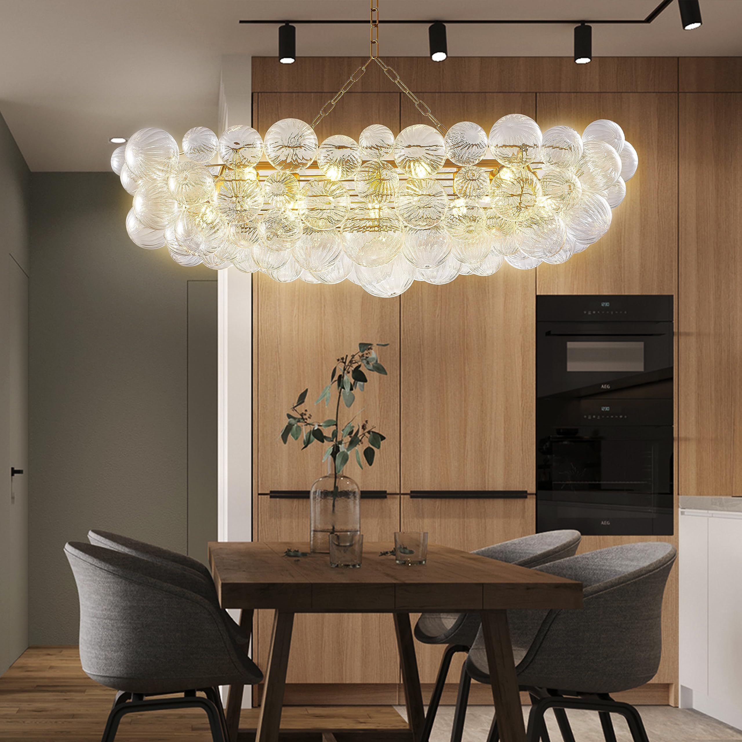 Nordic Bubble Ball Swirled Glass Chandelier, 36'' Long Gold And Clear Blown Glass Large Pendant Light Fixture For Bedroom Study