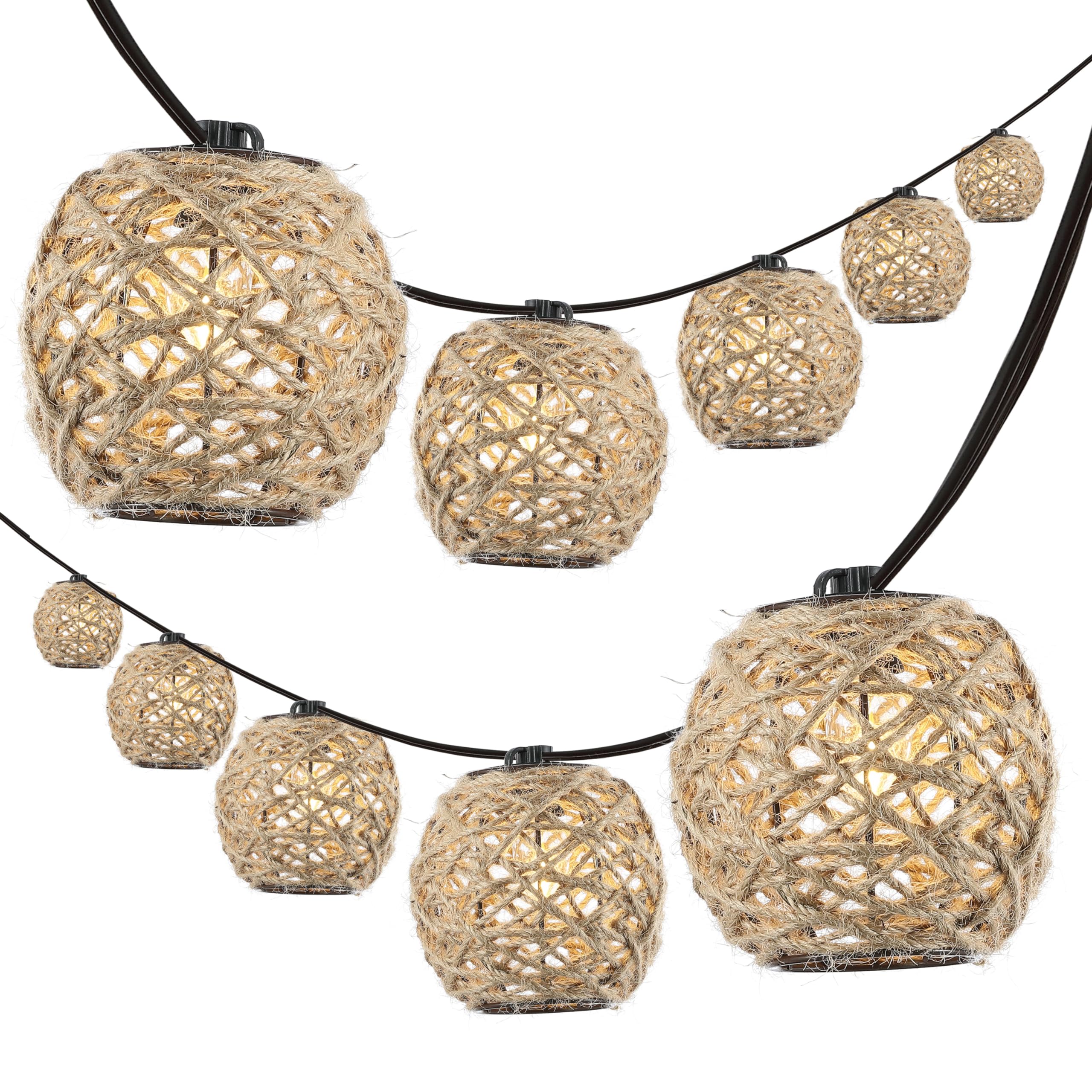 JONATHAN Y 10 10-Light Rustic Coastal LED String Lights, Light Brown Hemp Rope Shaded Globe Lights for Indoor Outdoor Patio Por