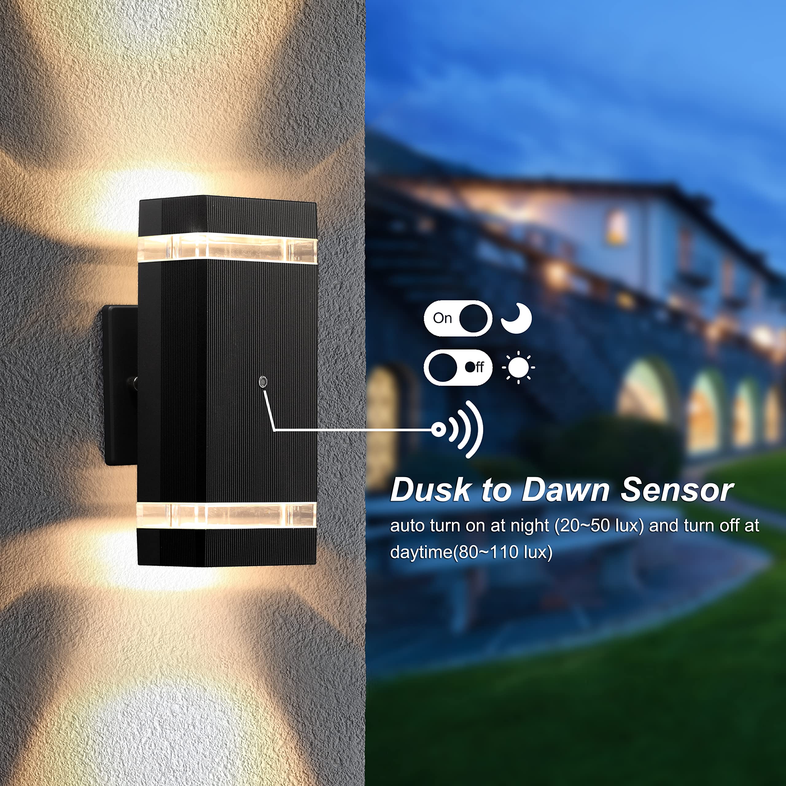 LMP Dusk to Dawn Outdoor Wall Lights - 2 Pack, IP65 Waterproof Aluminum, Black, with 5W LED Bulbs for House, Garage, Porch, Doorway