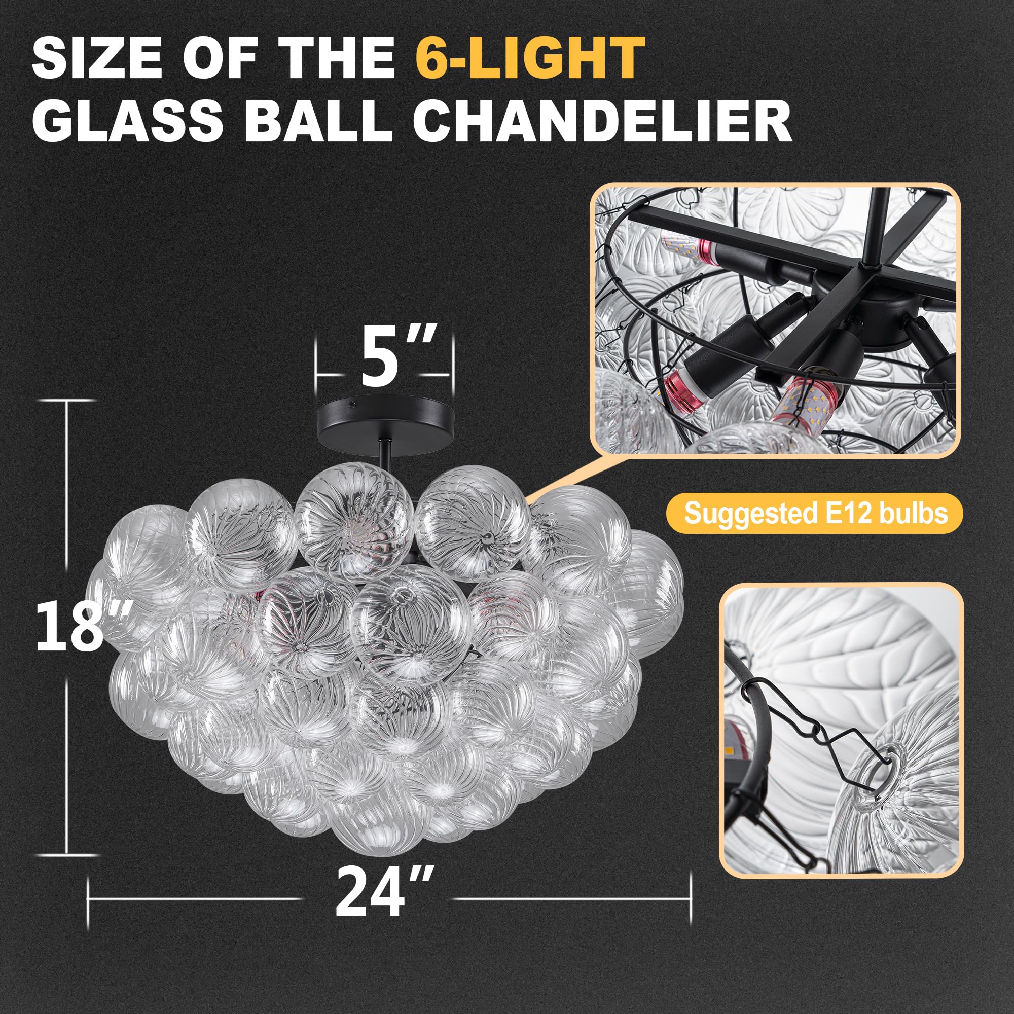 Beypan Clear Glass Bubble Chandelier With Industrial Black Frame Ribbed Blown Glass Globe Chandeliers Semi-Flush Mount Ceiling L