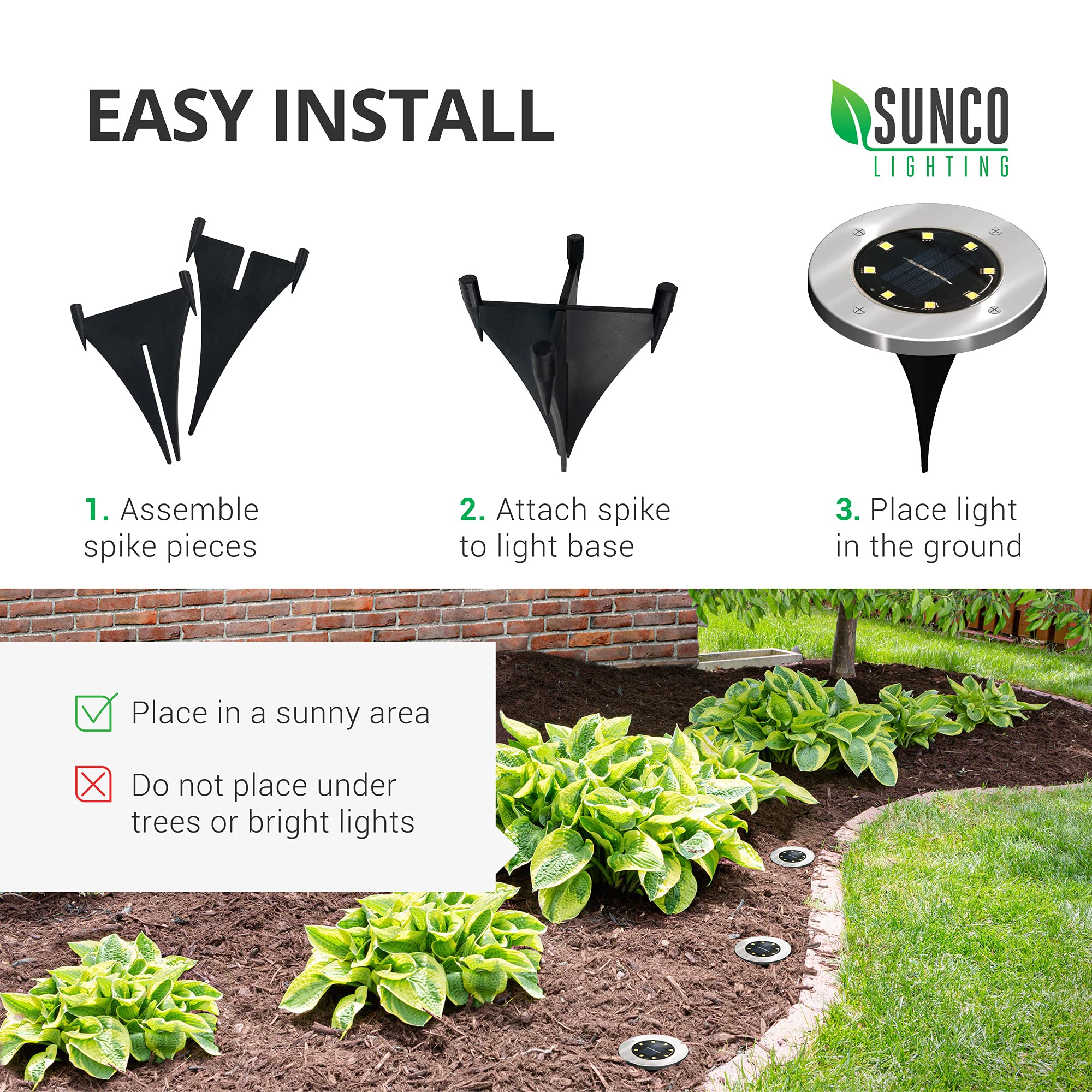 Sunco 12 Pack Solar LED Garden Lights, Waterproof Dusk to Dawn, Polycarbonate, 7000K Diamond White, Model PL_SOL-7K-12PK