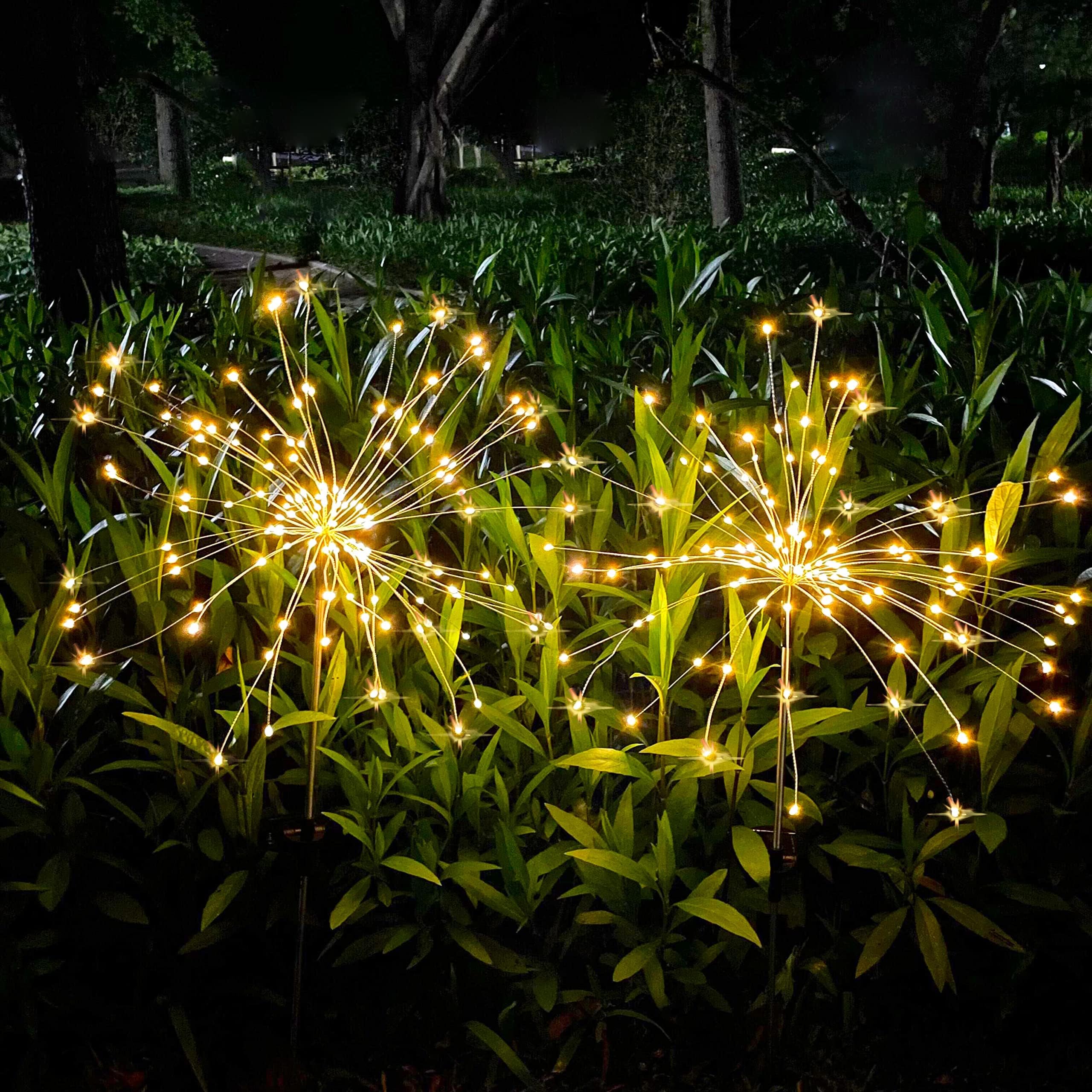 Jjgoo Solar Firework Lights  4 Pack 120 Leds 2 Lighting Modes Solar Garden Lights Outdoor Waterproof For Yard Patio Walkway Pathway Party Wedding Christmas Decorative - Warm White
