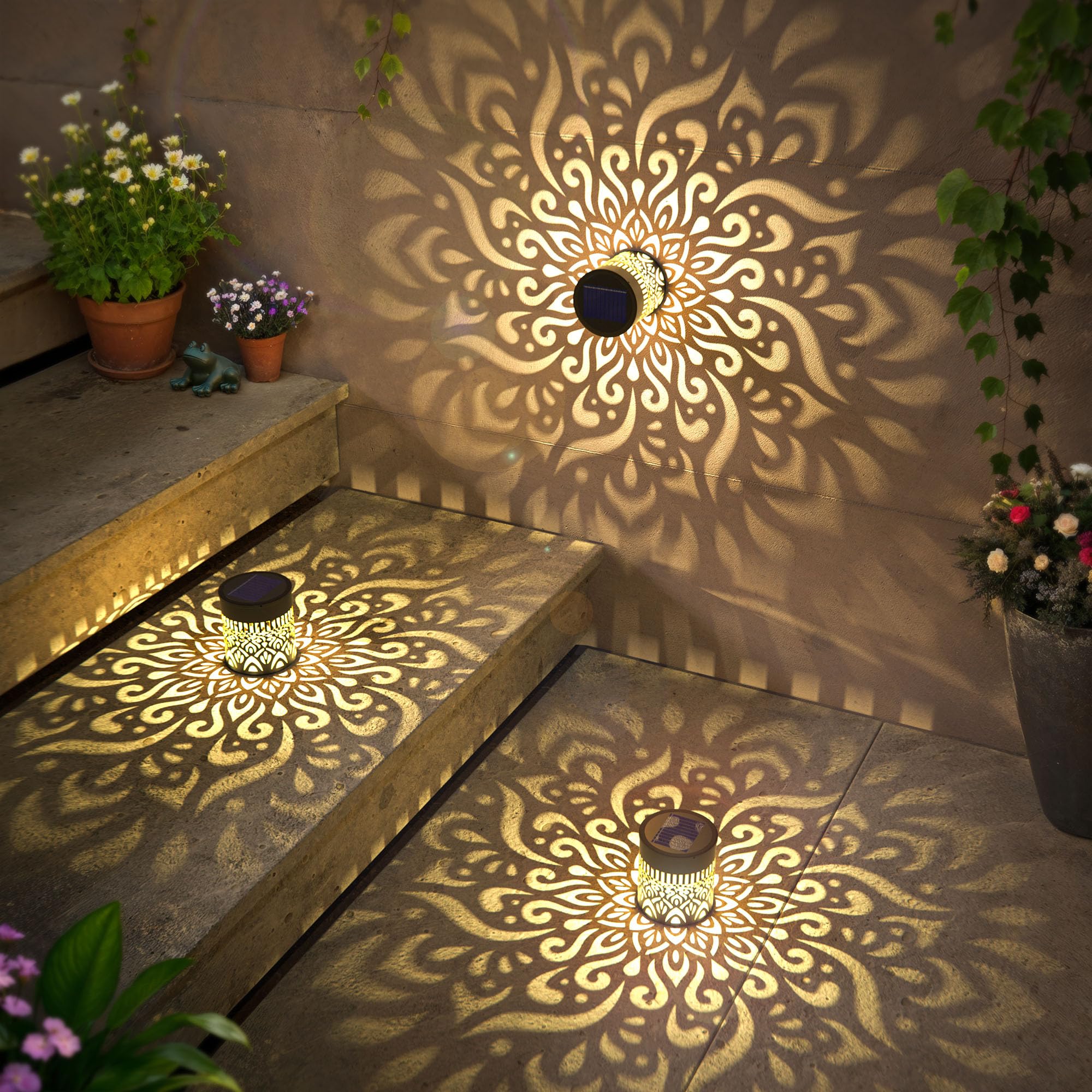 Gardencave Solar Fence Lights - 4 Pack, Metal and Plastic, Waterproof Mandala Theme, Outdoor Wall Deck Step Lights
