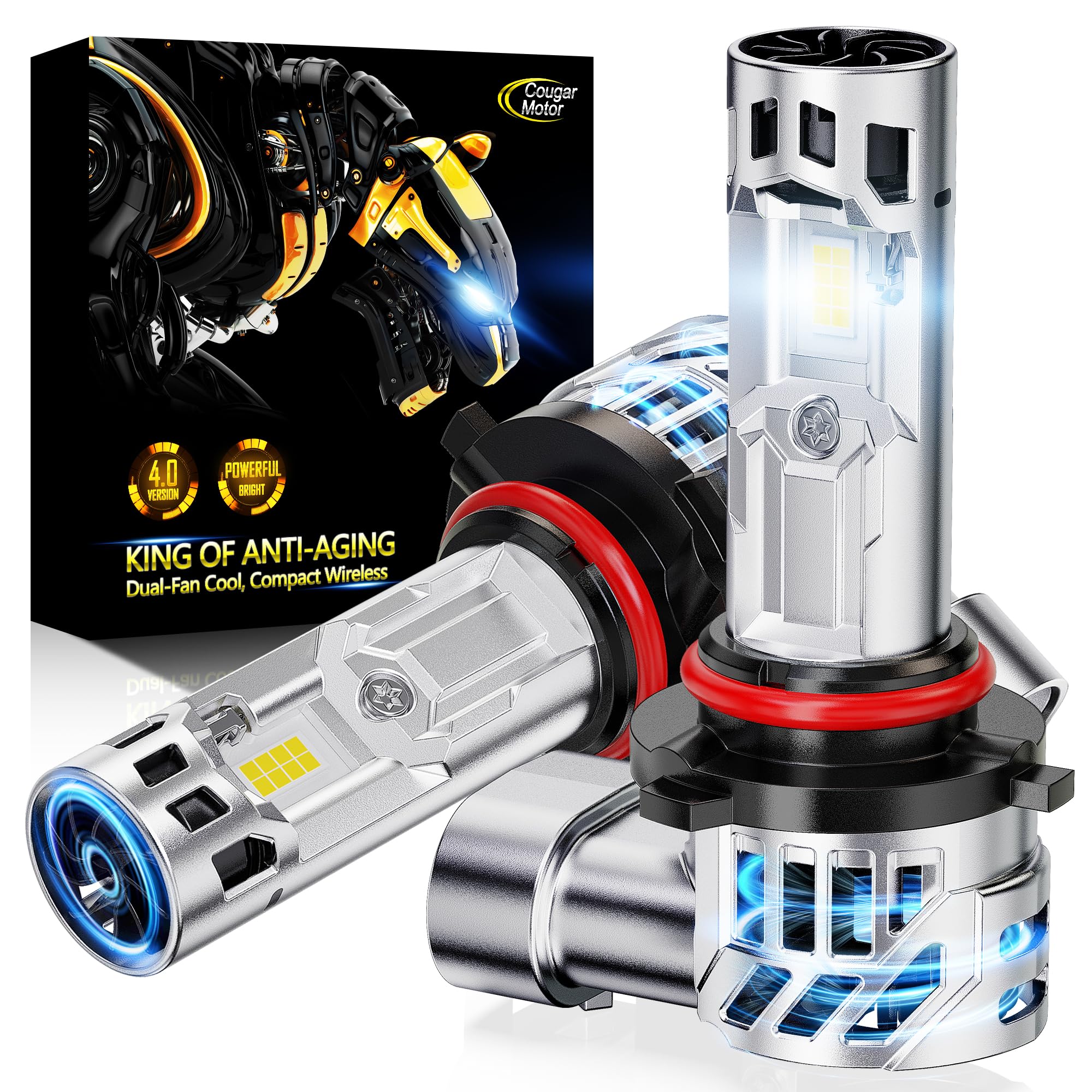 Cougar Motor Fog Bulbs 9005, 9005 Bulb with Dual Cooling Fan, 10X Brightness Real 1:1 Size, Long Lasting White Auxiliary Fog Lig