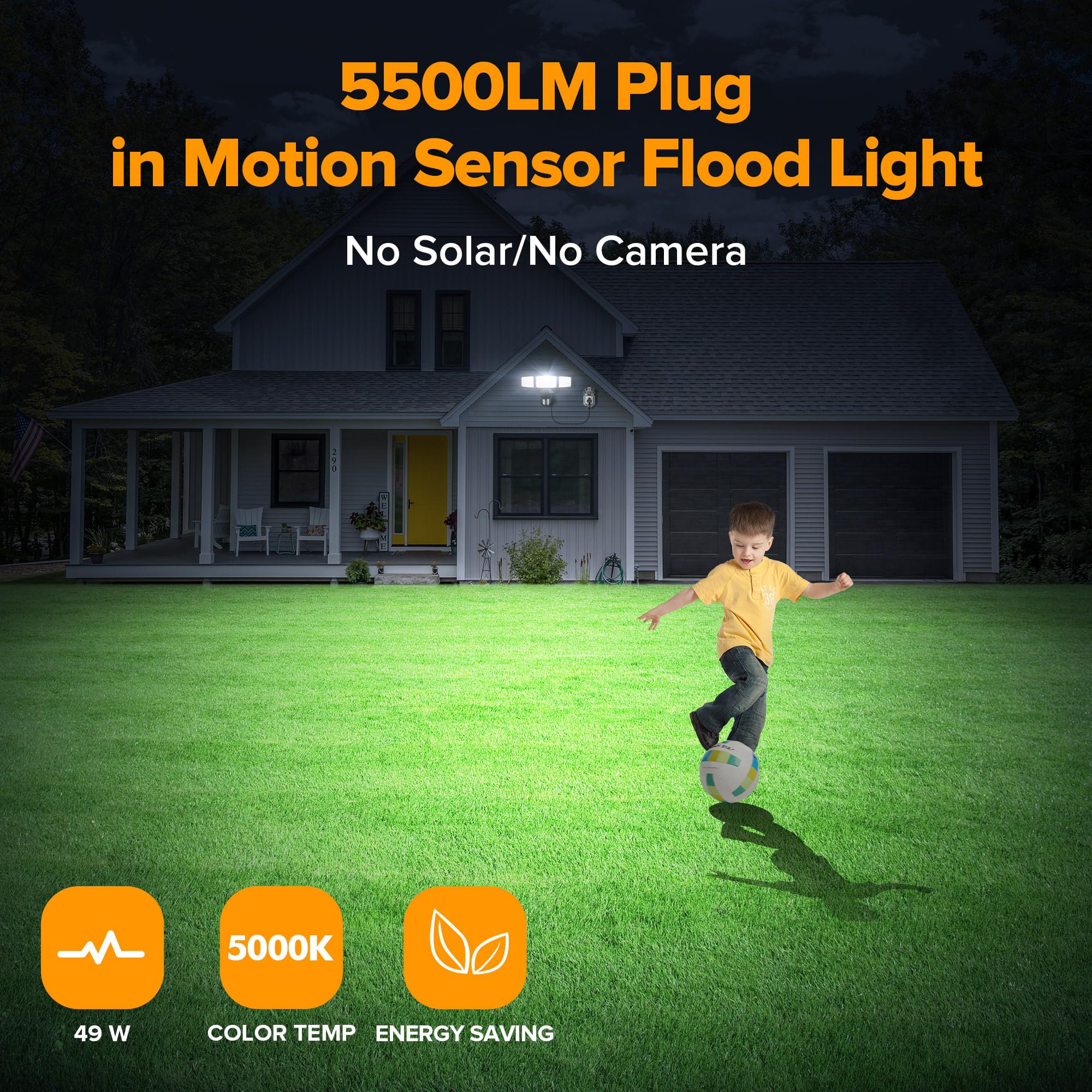 Lutec 49W Motion Sensor Outdoor Lights, 5500 Lm Plug In Flood Light Outdoor, Dusk To Dawn, Ip65 Waterproof Security Lighting, 50