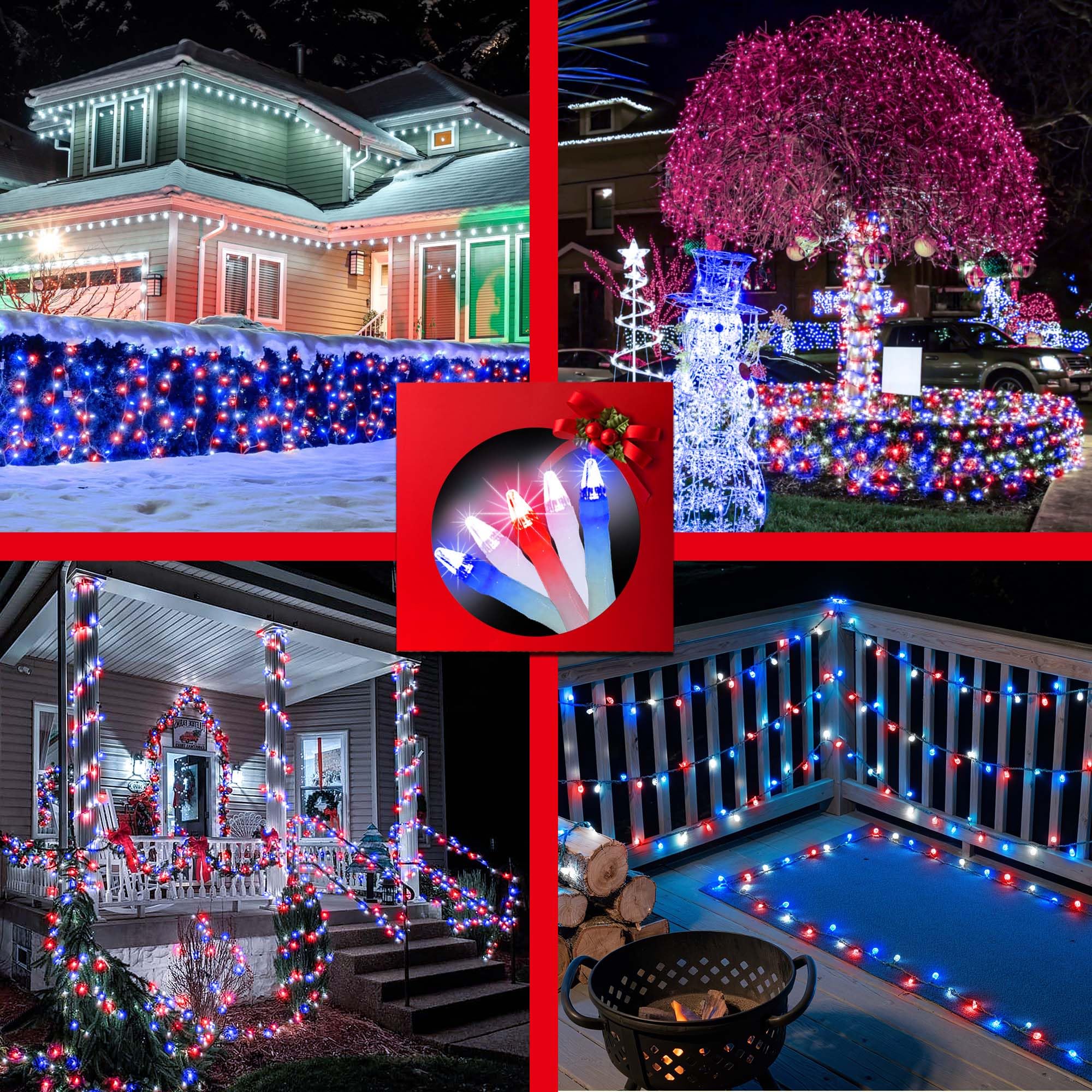 QUHUATU 300LED Christmas Lights, 75ft Red White & Blue String Lights with Timer, 12 Modes for Indoor Outdoor Decor, Model WX-300L