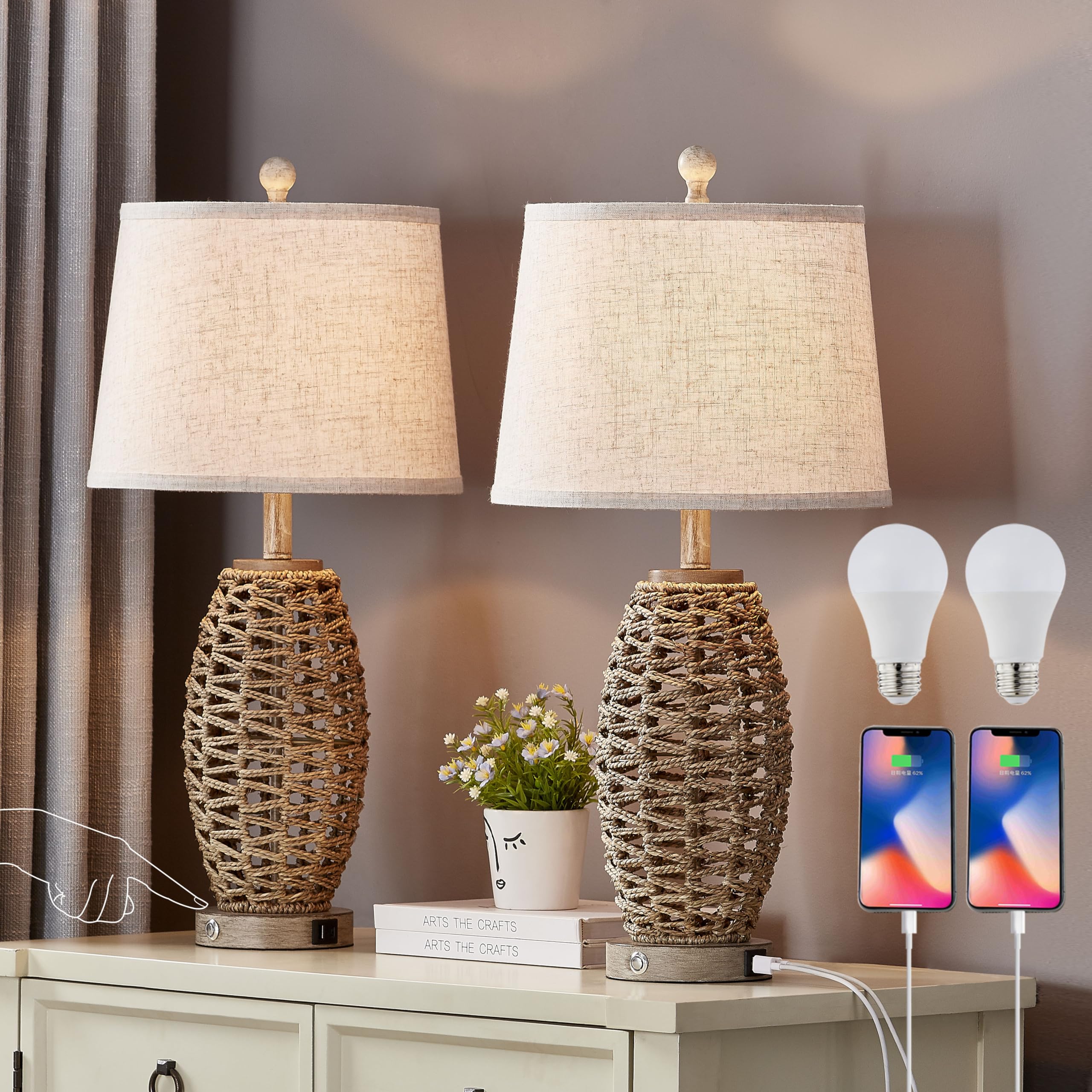 Generic 27in Natural Rattan Table Lamps Set of 2, 3-Way Dimmable, USB Charging Ports, Oatmeal Lampshade, Model HT23T0816