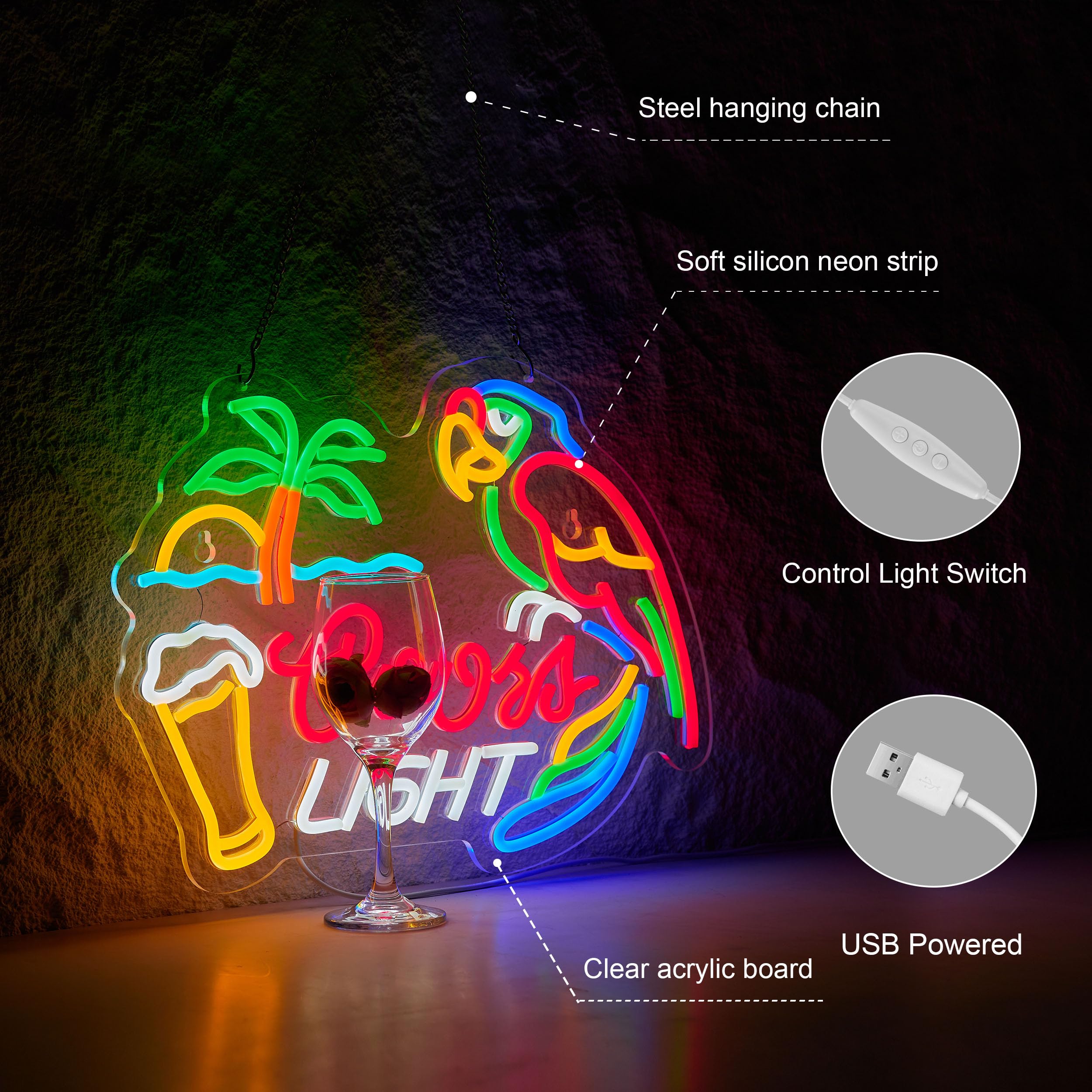 Duoweoy Bar Parrot Crs Neon Sign - Dimmable LED Light, 17x12 inches, USB Powered, Multi-Color Décor for Home, Bedroom, Man Cave