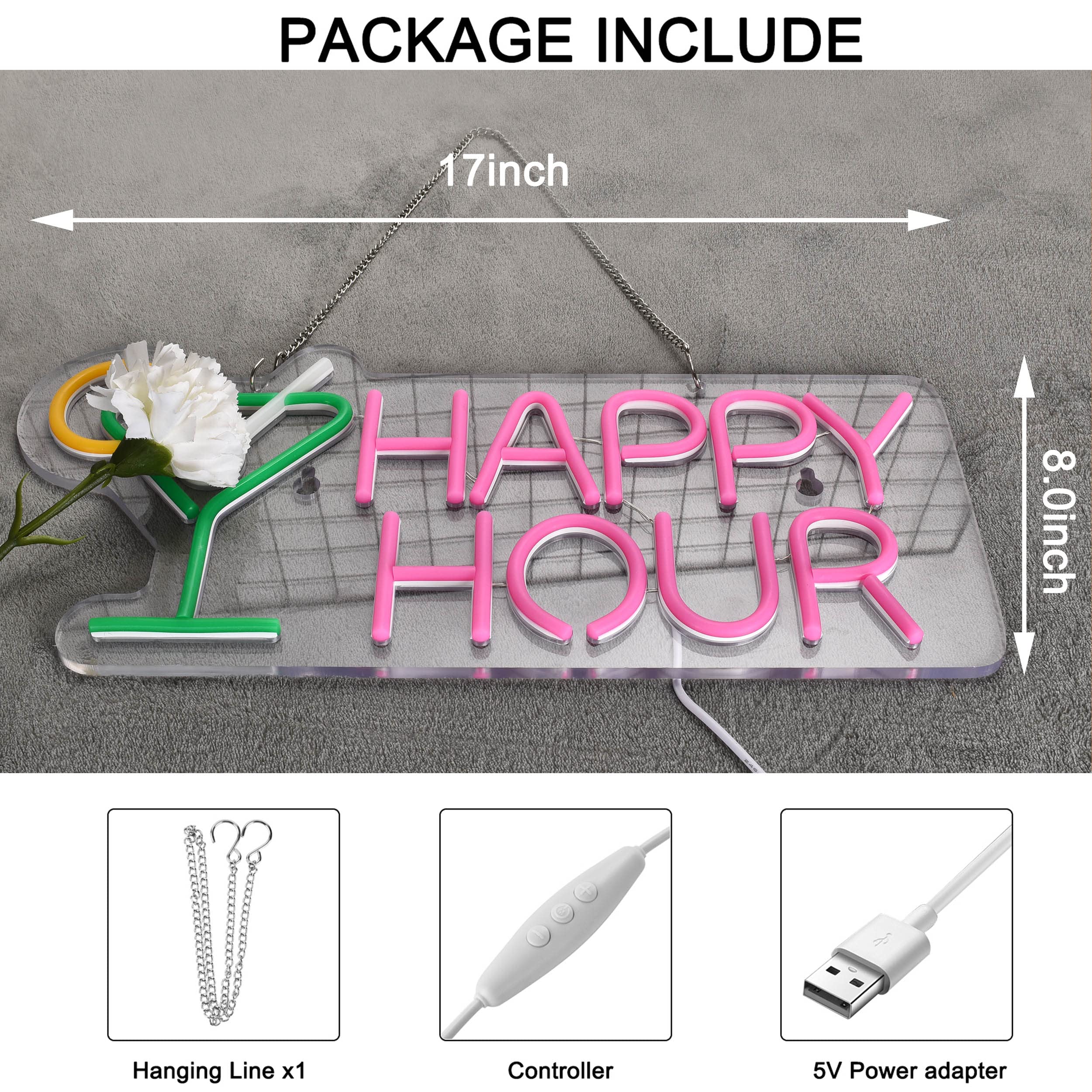 Roouneon Green+Pink Cocktails Neon Sign With Dimmable Switch For Bar, Bedroom, Party Decor
