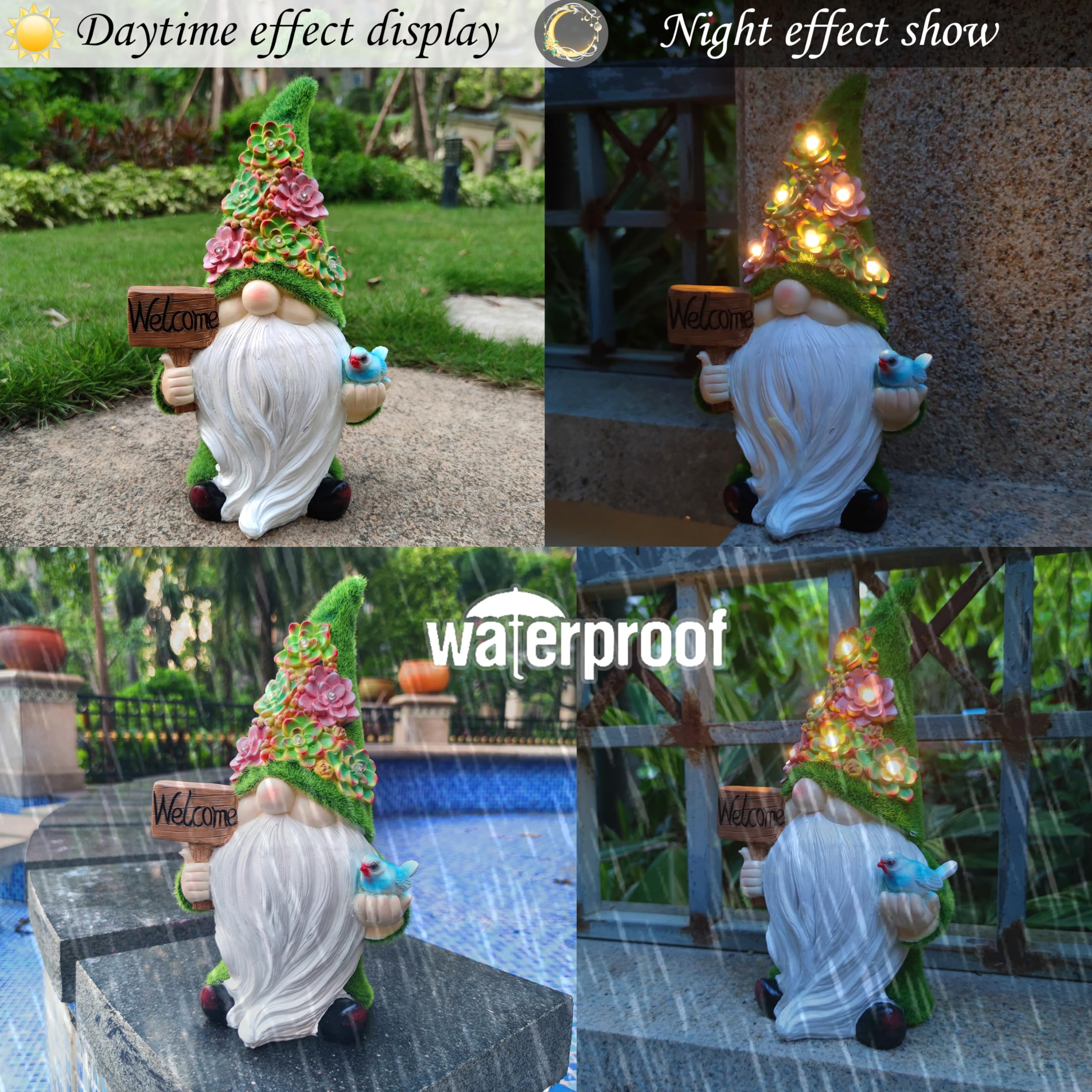 Vioyouns Solar Gnomes Garden Statues Resin Gnome Figurine Holding Welcome Card And Bird With Solar Lights  Outdoor Gnomes Decorations For Yard Patio Lawn Porch  Garden Gifts