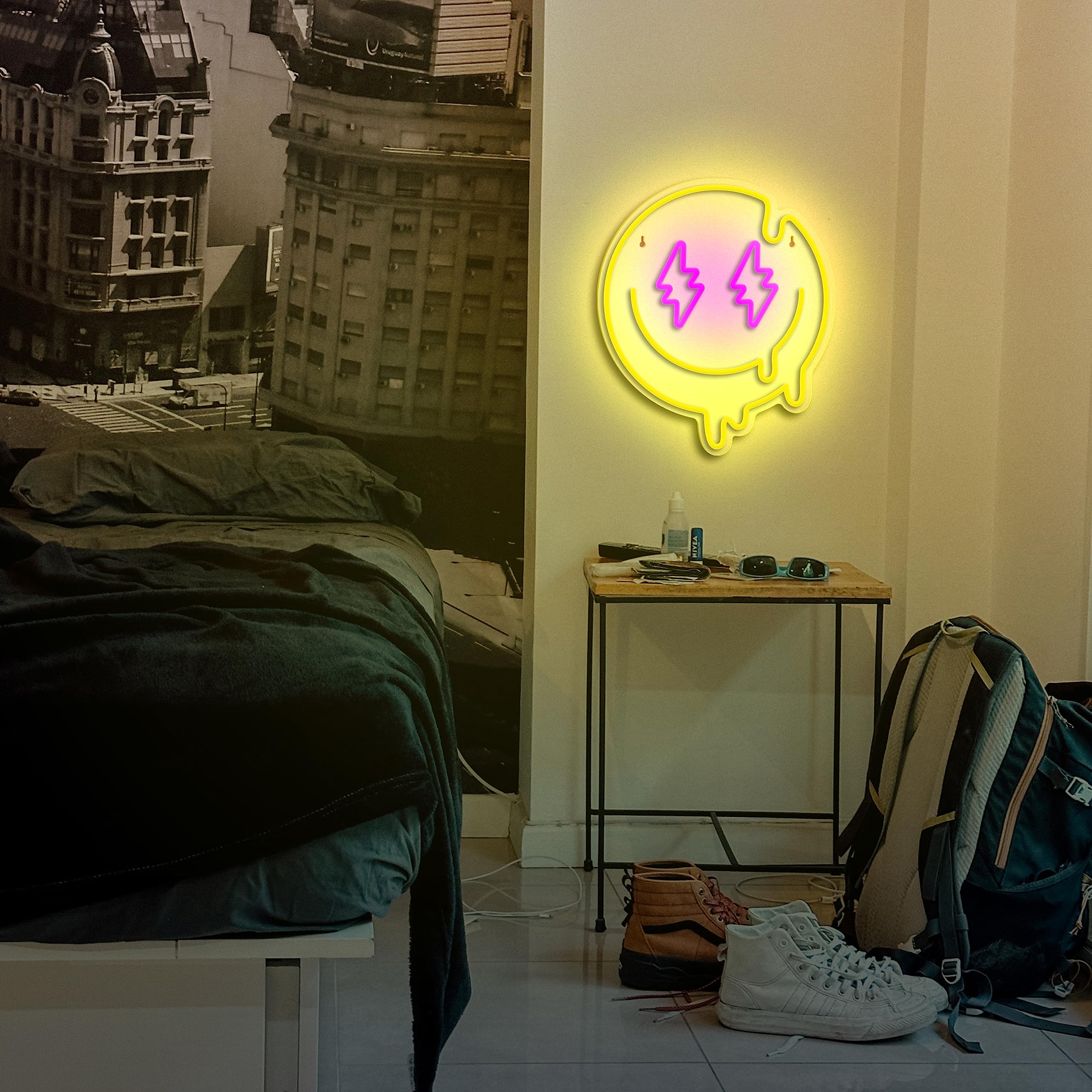 JIARODEY Neon Sign - Dimmable Melted Smile Face Wall Decor - 14x12in - Acrylic - USB Powered - Kids Room/Party Decor