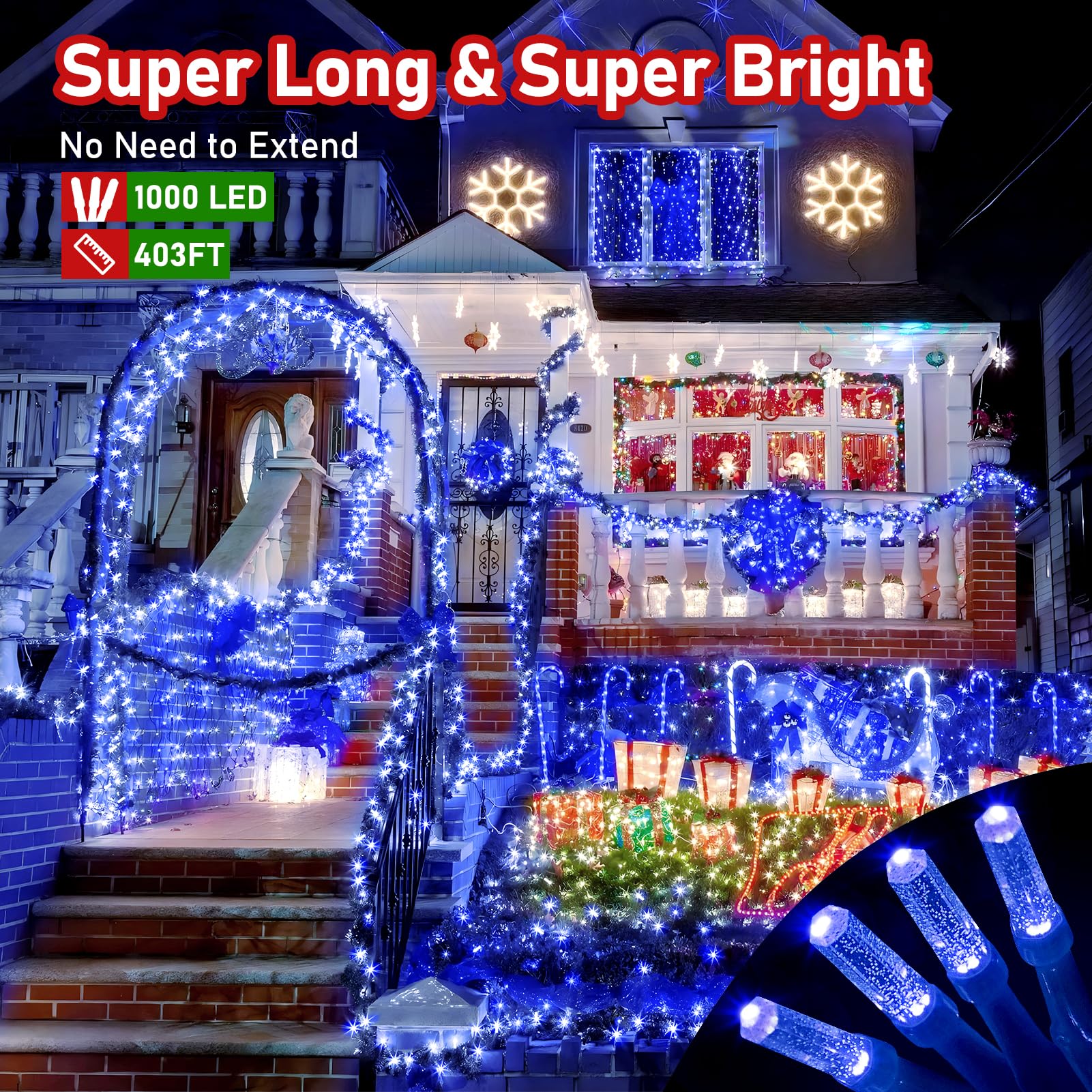 XURISEN LED Christmas Lights Outdoor, 1000 LEDs 403FT, Blue, 8 Modes & Memory Timer, Model XUR-STG37