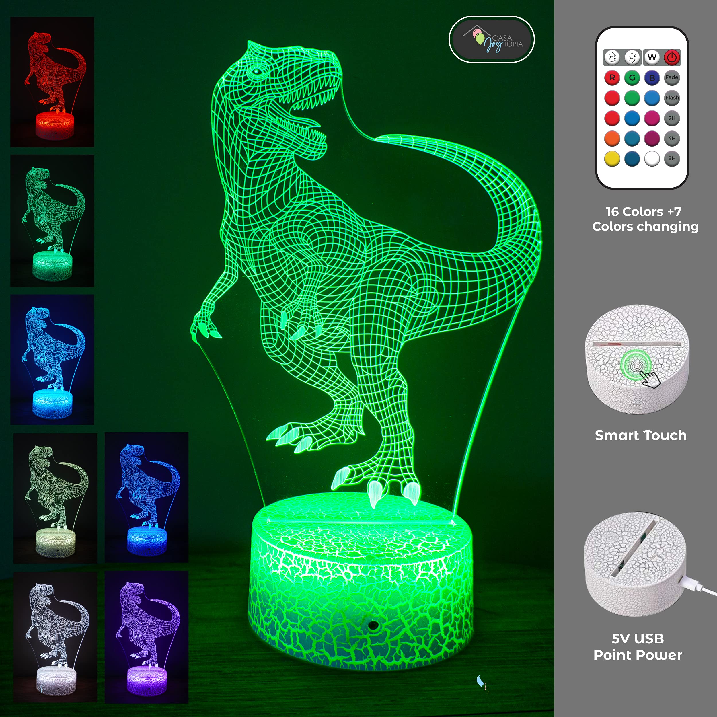 Casa Joytopia Creative 3D Night Light Effect - Night Light For Kids Room - 16 Colors, 2Hr 4Hr 8Hr Timer, Remote, Flashing, Fading, And Dimmer Options (Dinosaur)