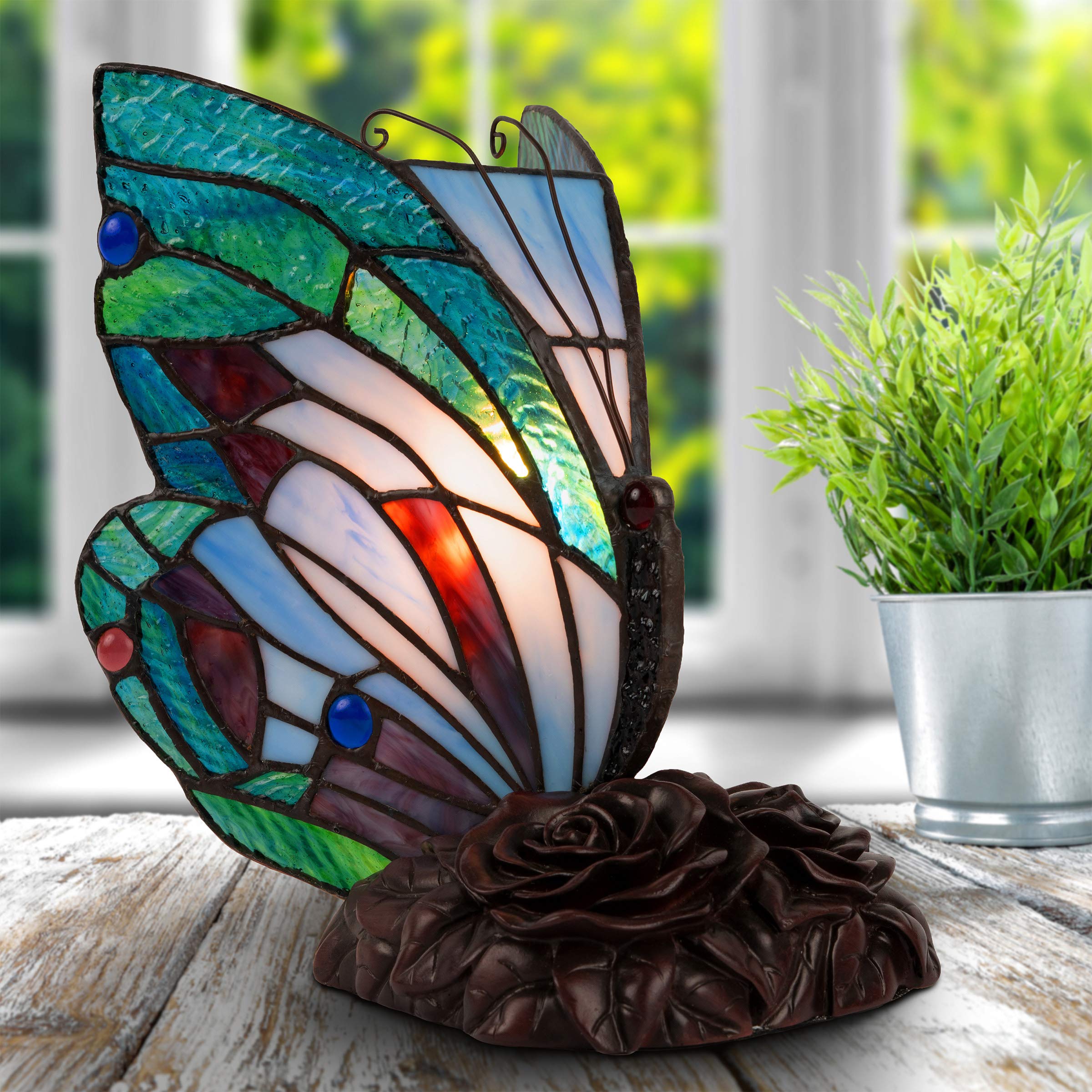 Lavish Home Tiffany Style Butterfly Lamp - Stained Glass Table Light - 8in x 6in x 9in - Multicolor - Model 72-TIFF-2
