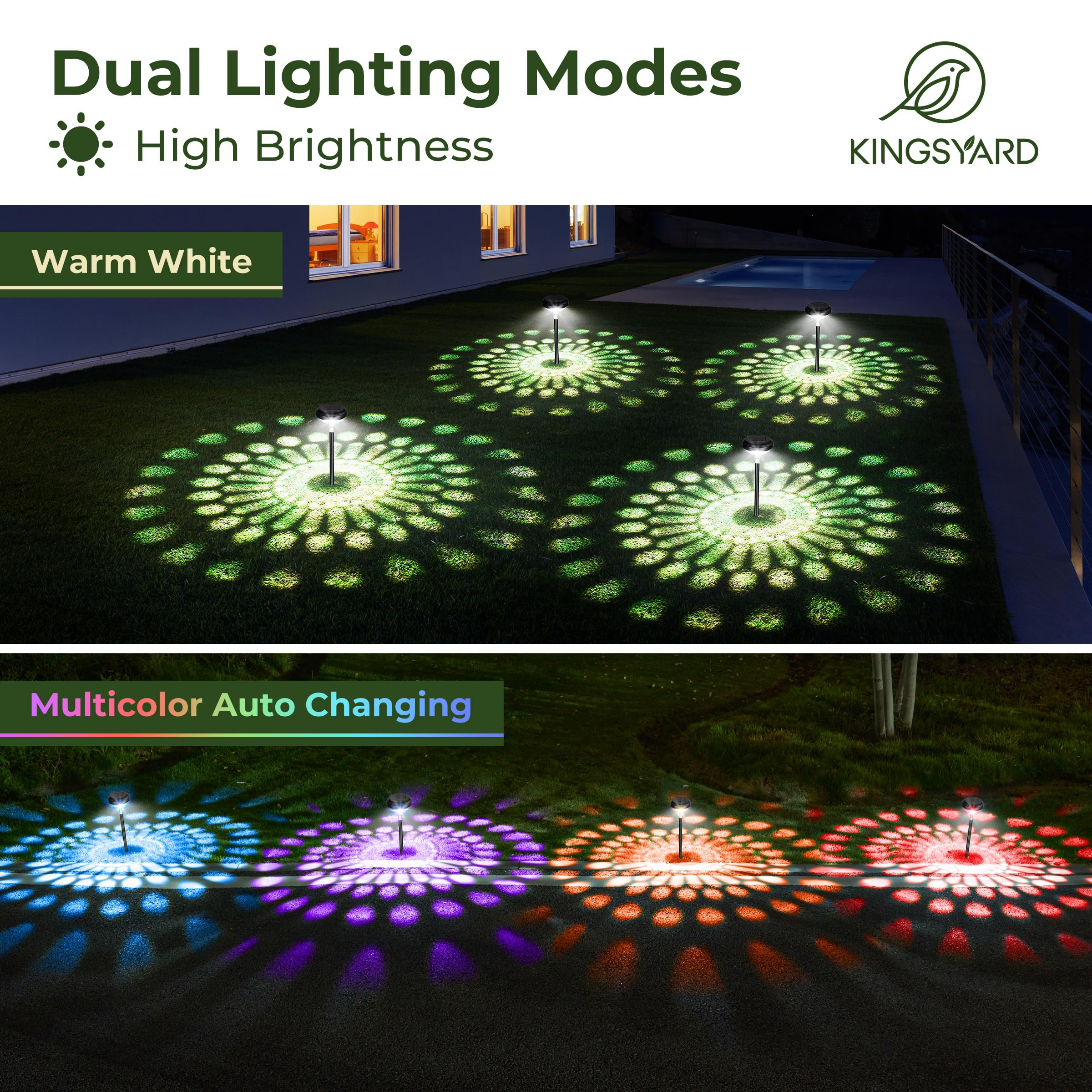 Kingsyard 2 Pack Solar Pathway Lights Outdoor Waterproof Ip67, Bright Color Changing & Warm White Led Solar Lights For Outside G