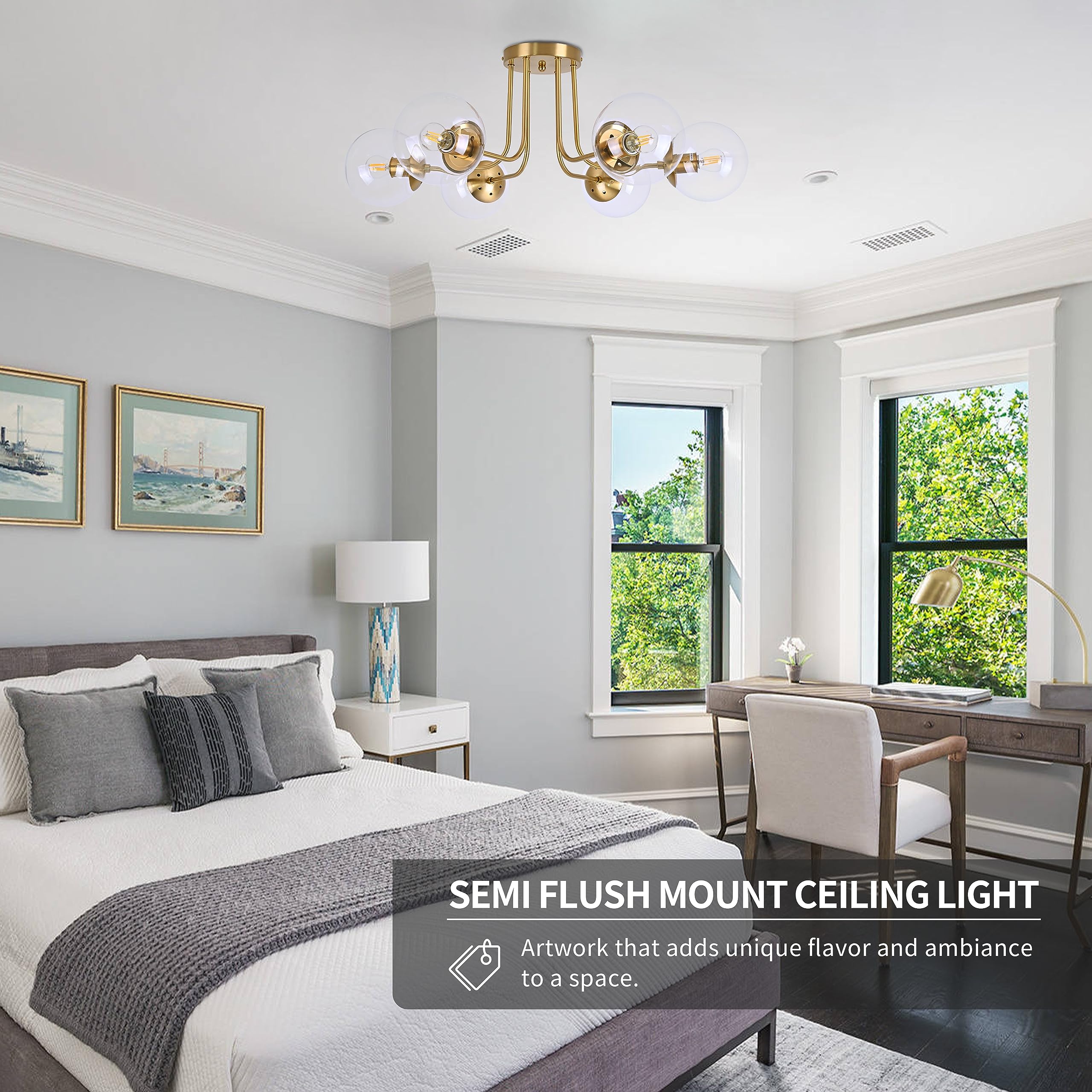 Koko&Yukina 6-Light Mid Century Ceiling Light Modern Semi Flush Mount Ceiling Light Fixture Globe Ceiling Light With Clear Glass