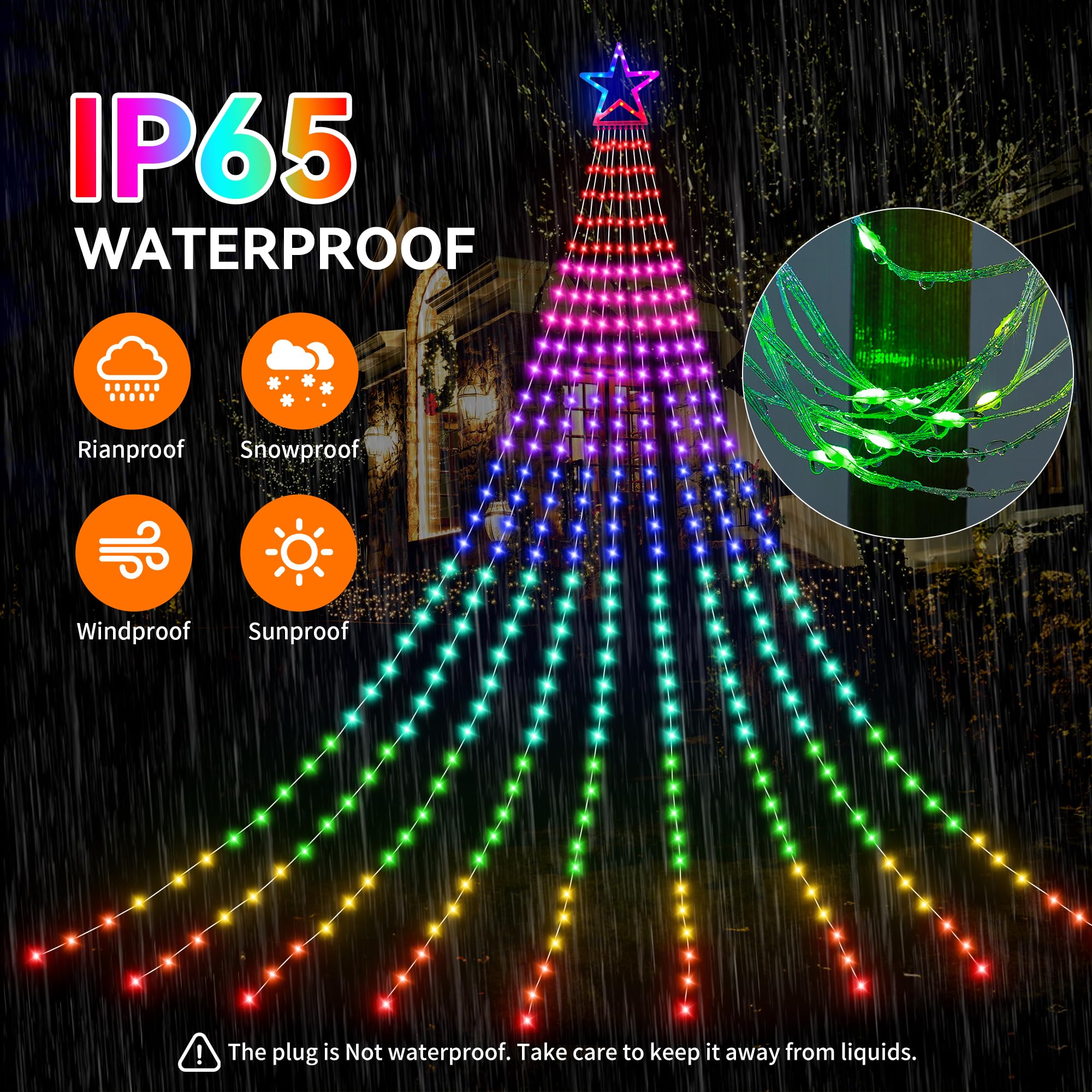 Danli Christmas Decorations Outdoor Star String Lights Flowing Color Changing Tree Lights,320 Led 11.5Ft Christmas String Lights