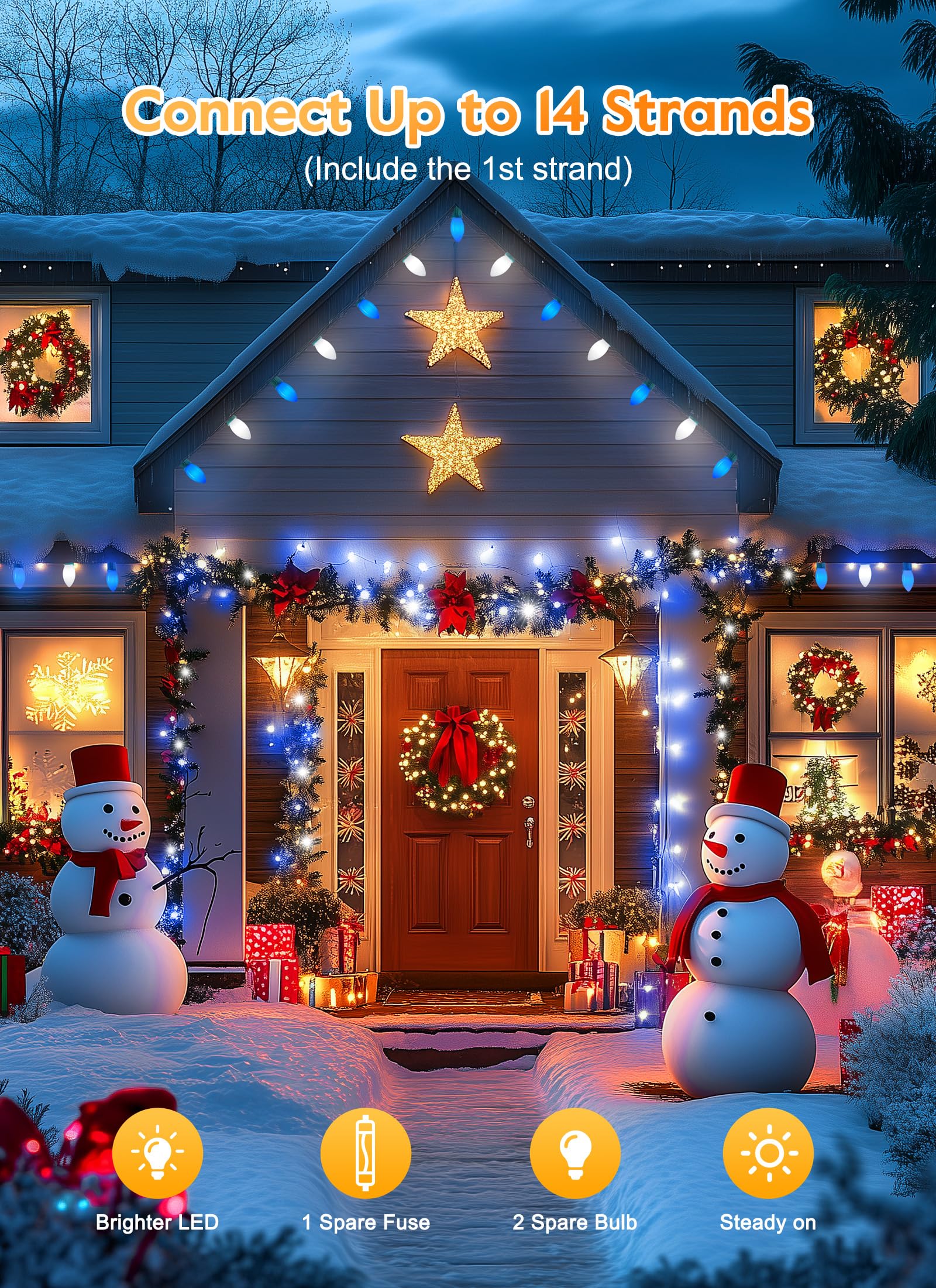 Vintage C9 Led Christmas Lights Outdoor  100 Feet C9 String Lights With 50 Shatterproof C9 Bulbs  Waterproof Connectable Christmas Tree Lights For Outside Roofline Patio Xmas Decor  Blue & Pure White