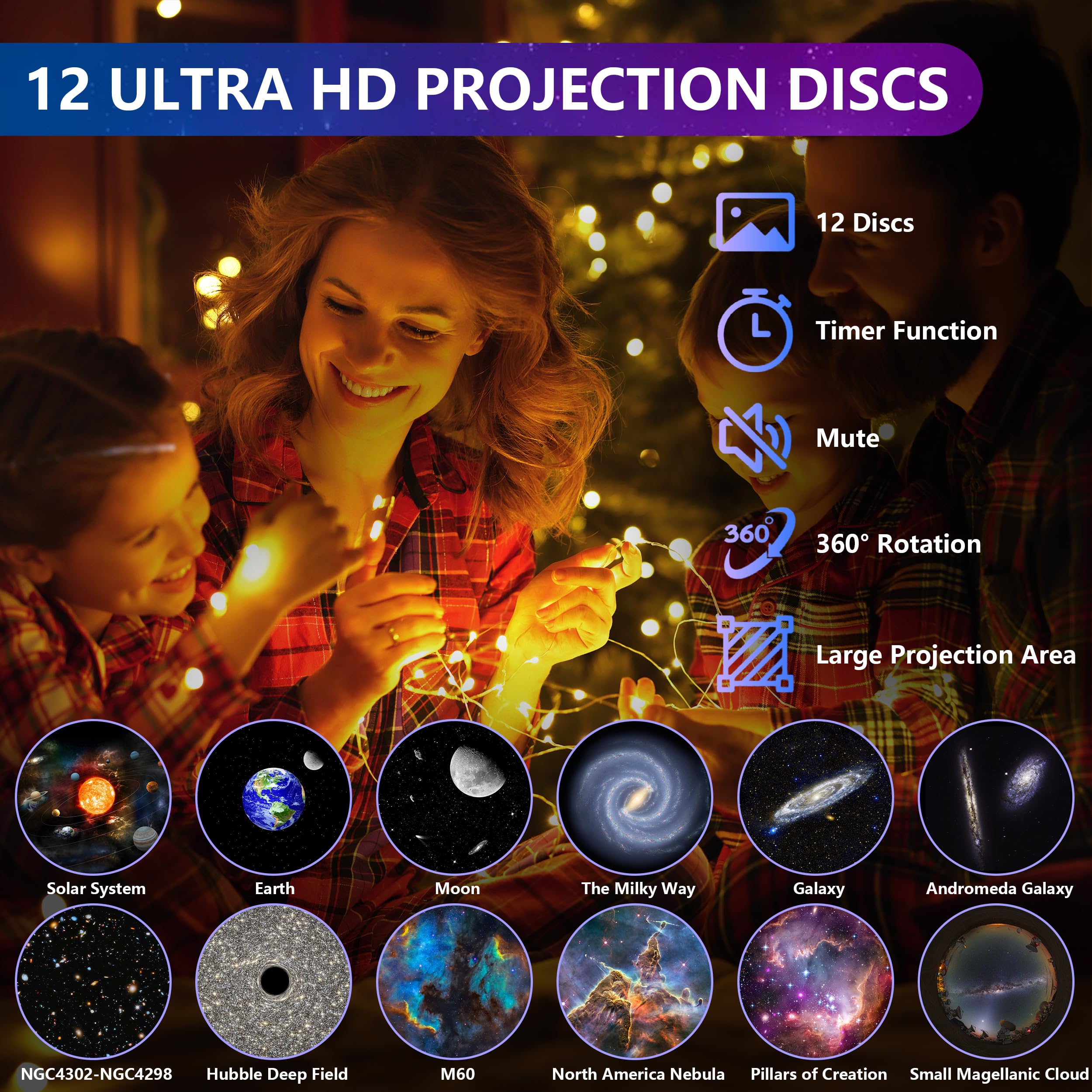 Tne 12-In-1 Planetarium Galaxy Projector For Bedroom With Fairy Lights-4K Hd Star Projector With 360 Rotation, Adjustable Timer