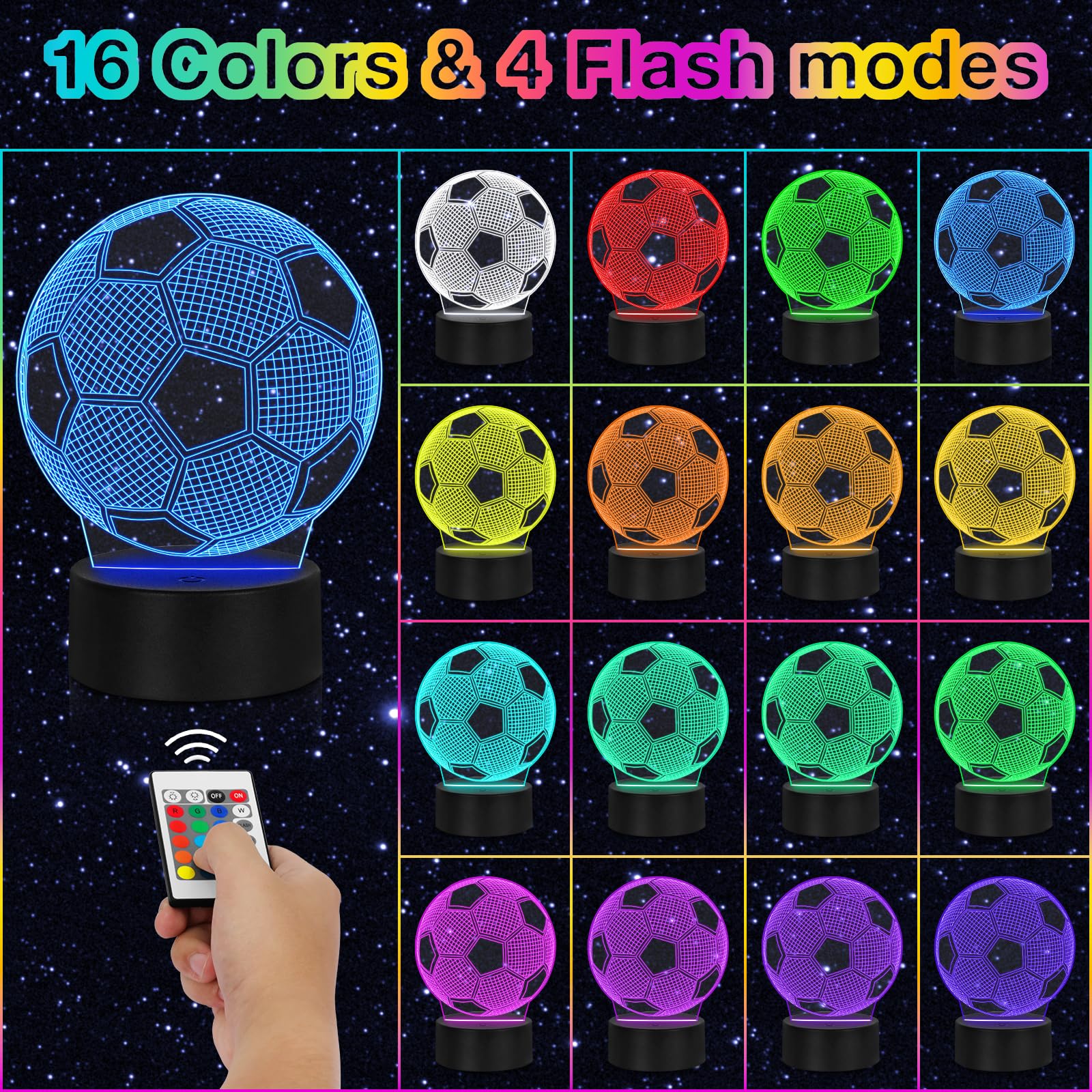 Funshot Soccer Lamp, Soccer Gift, Soccer Room Decor Night Light,Soccer Decor For Boys Room, 16 Colors 4 Light Models Changing With Remote Control