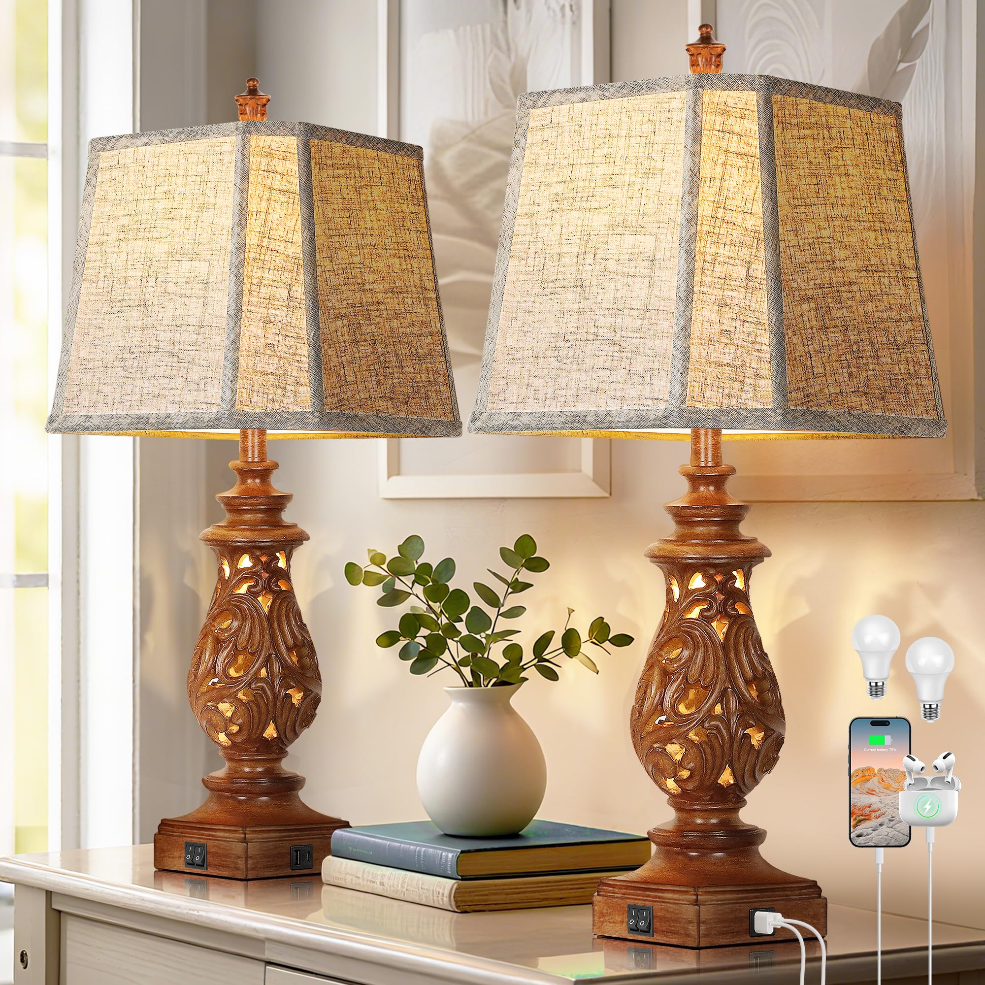 PARTPHONER 29 Table Lamps Set of 2  Bedside Lamps with USB A+C Ports & Night Light  Farmhouse Nightstand Lamps with Linen Fabric Shades for Bedroom Living Room  Wood Grain (LED Bulbs Included)