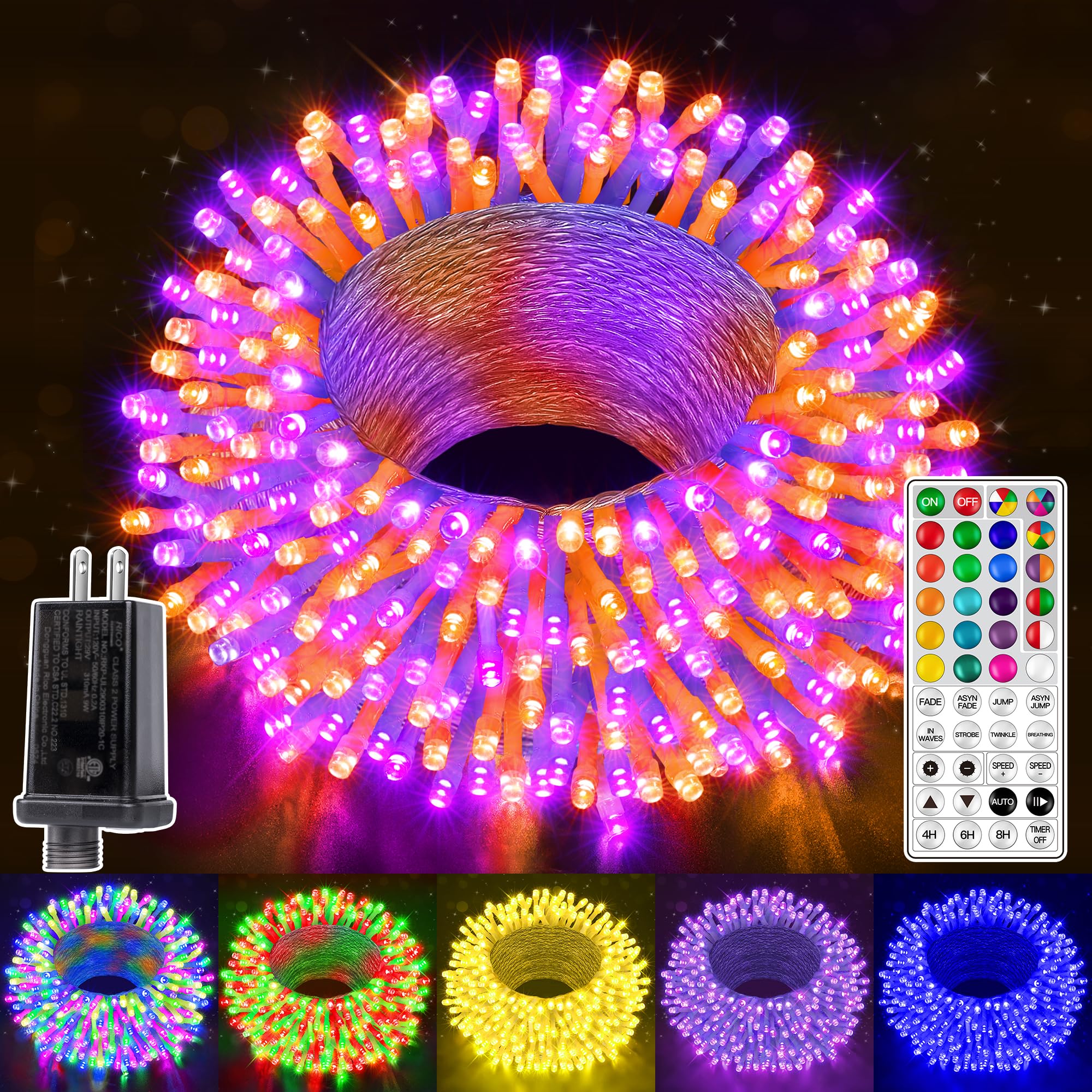 Ollny RGB Christmas Lights 200 LEDs, 66 FT, Clear Wire, 130 Modes, Remote & Timer, Waterproof, Model NYA0200D