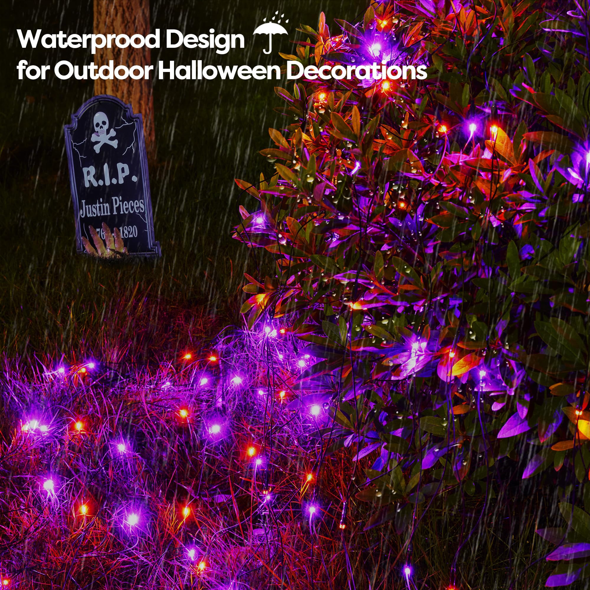 Wbao Halloween Lights Outdoor 200Led 8.4Ft X 5.2Ft Orange Purple Halloween Net Lights With 8 Modes  Timer  Connectable  Waterproof & Dark Green Wire For Lawn  Bushes  Trees  Outdoor Holiday Decor