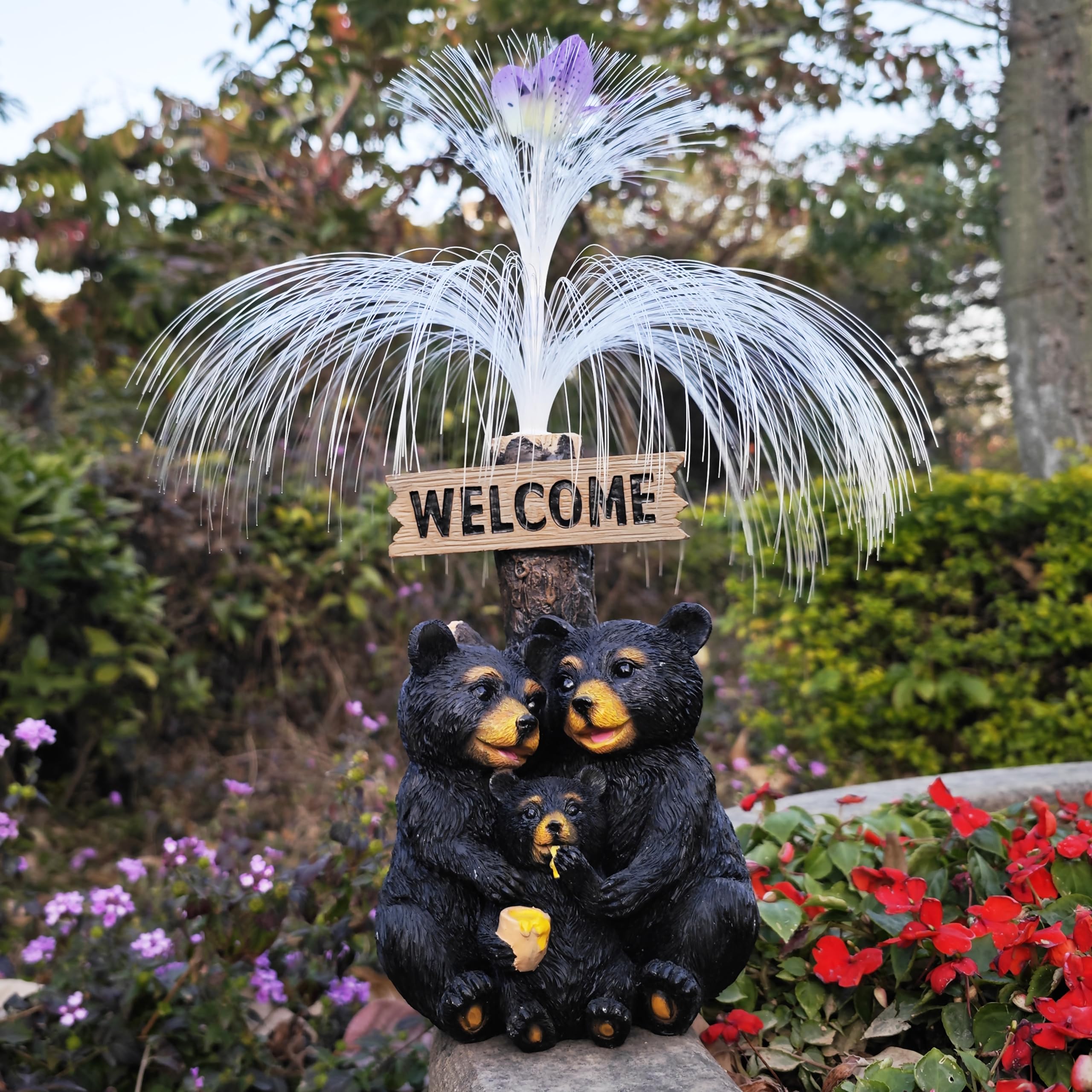Rctticuu Solar Bear Garden Statues,Resin Black Bear Family Figurine With Welcome Card And 7-Color Changing Optical Fiber With So