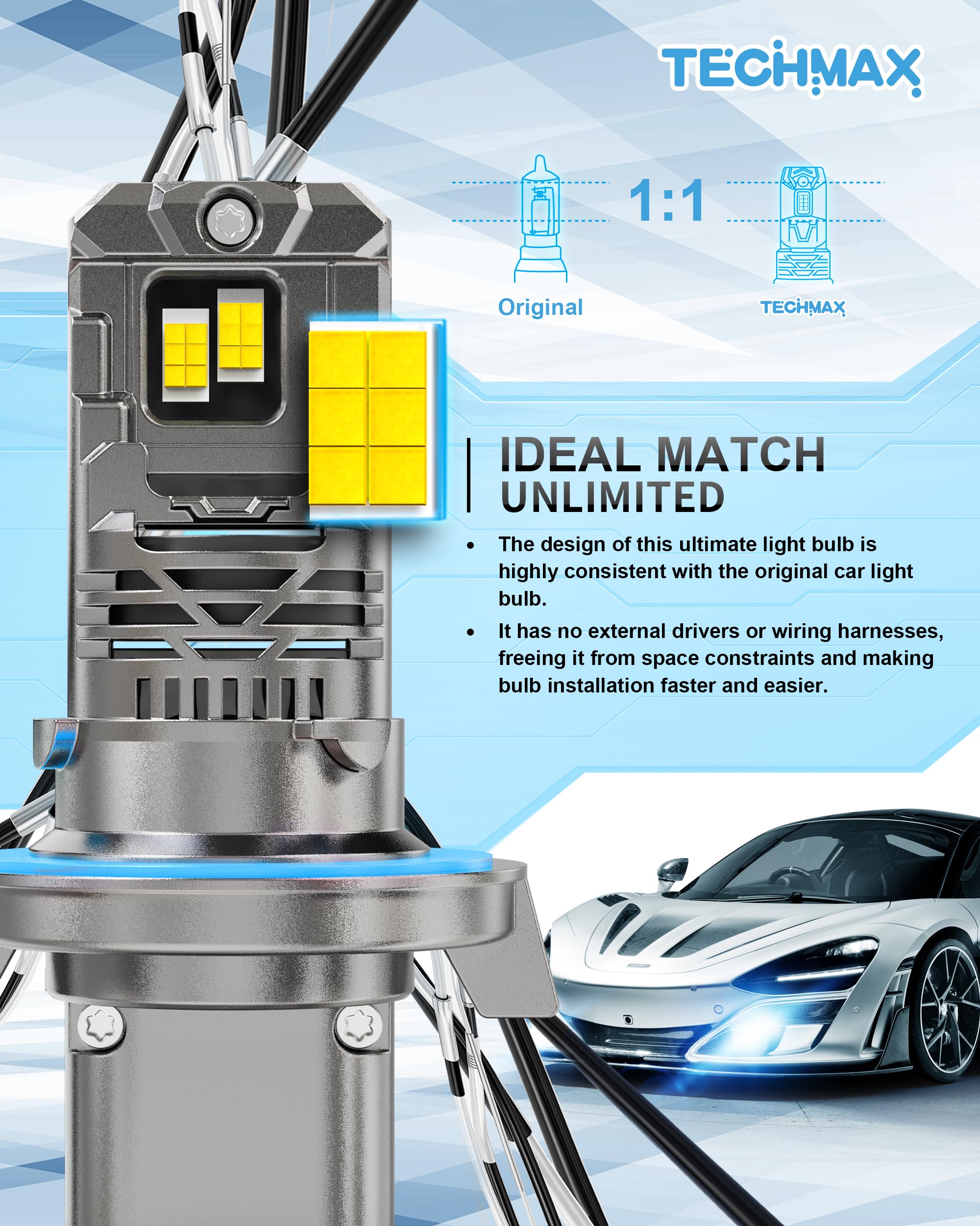 TECHMAX H13/9008 Fog Light Bulbs - 800% Brightness, 6500K Xenon White, Aluminum, Pack of 2, with 16000RPM Cooling Fan,
