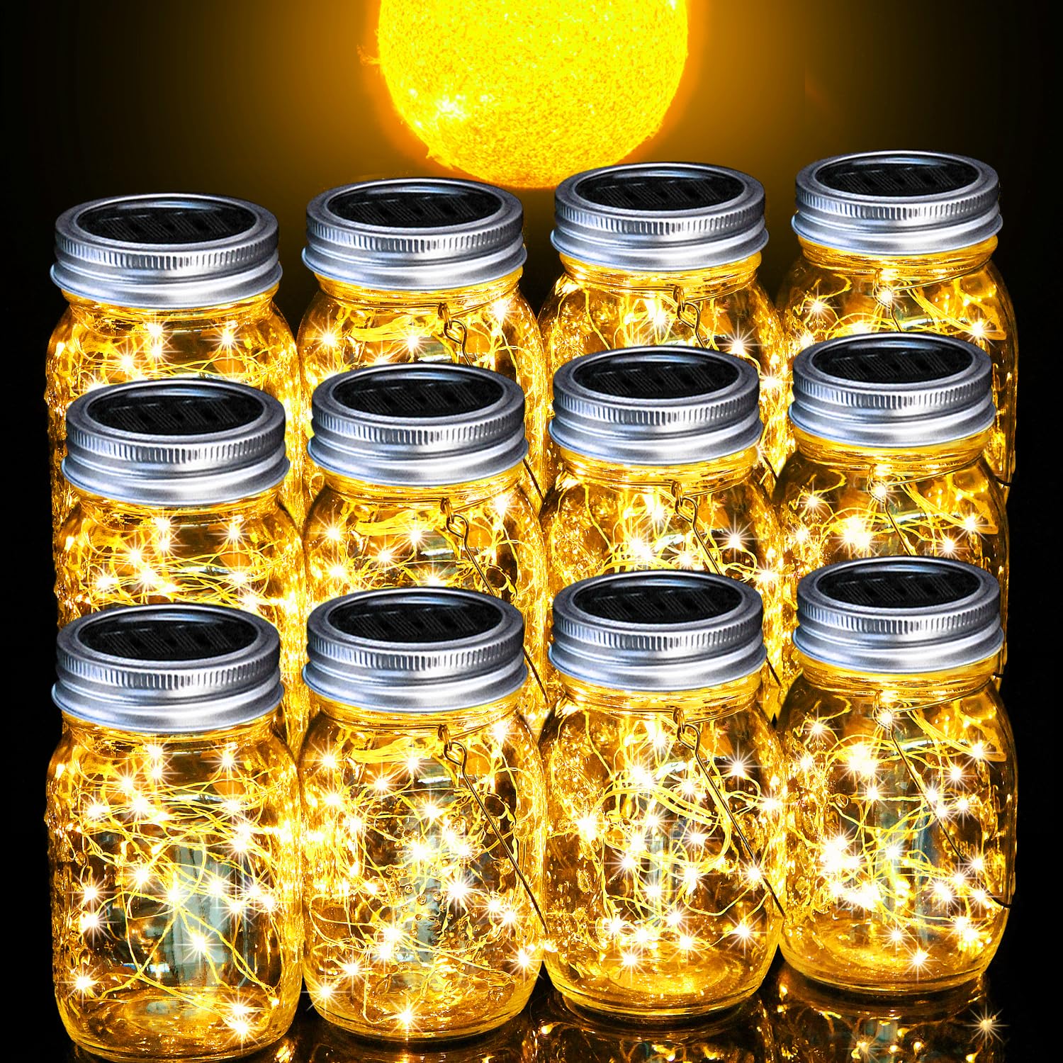 Cooo 12 Pack Crystal Glass Solar Lanterns Outdoor Waterproof 30LED Mason Jar Lights Solar Powered Garden Household Lamp Sets(Jus