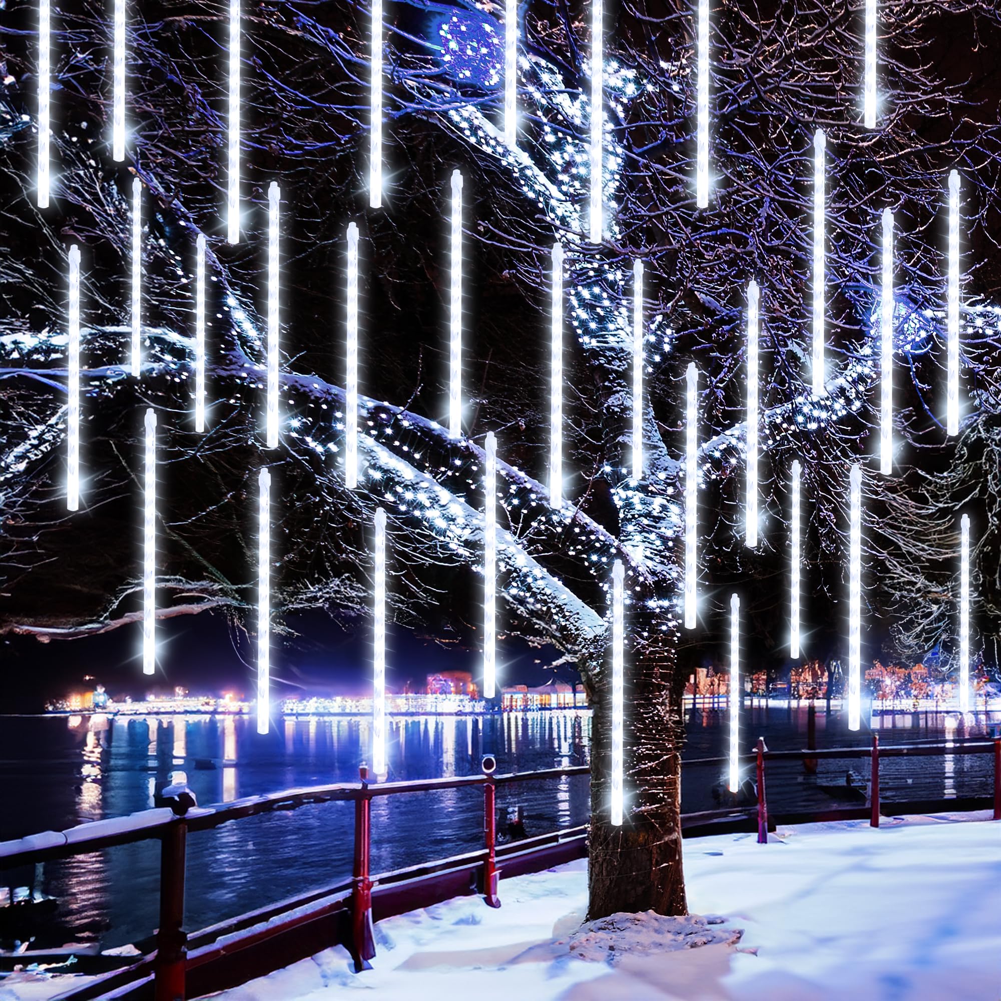 FUNPENY Meteor Shower Rain Lights, 288 LED Icicle Lights, White, Model HB-300COI, Outdoor Christmas Decoration