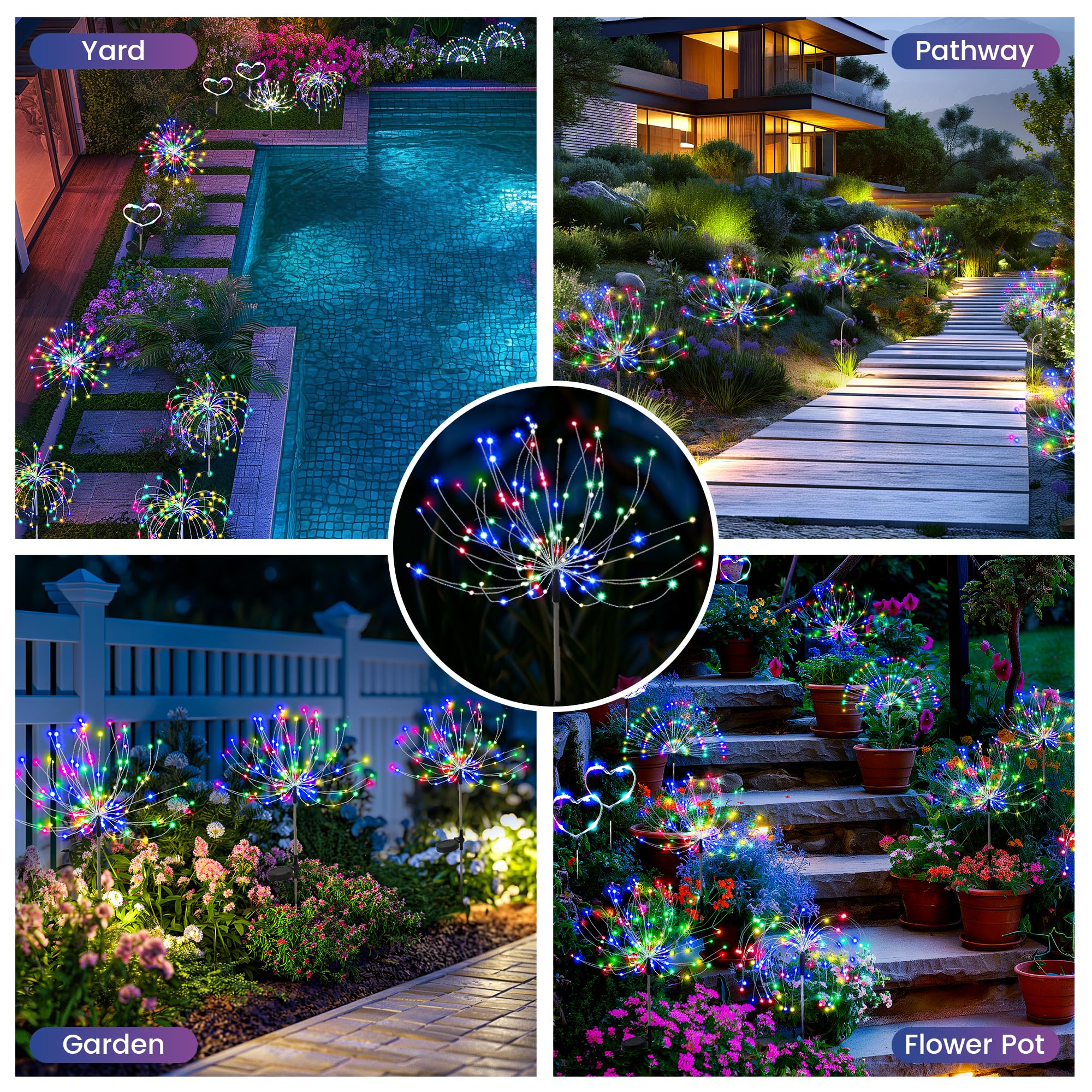 Pevoros Garden Decor Solar Lights Outdoor,4Pack 120Led Waterproof Colorful Solar Garden Lights Your Outdoor Decoration,Yard, Pat