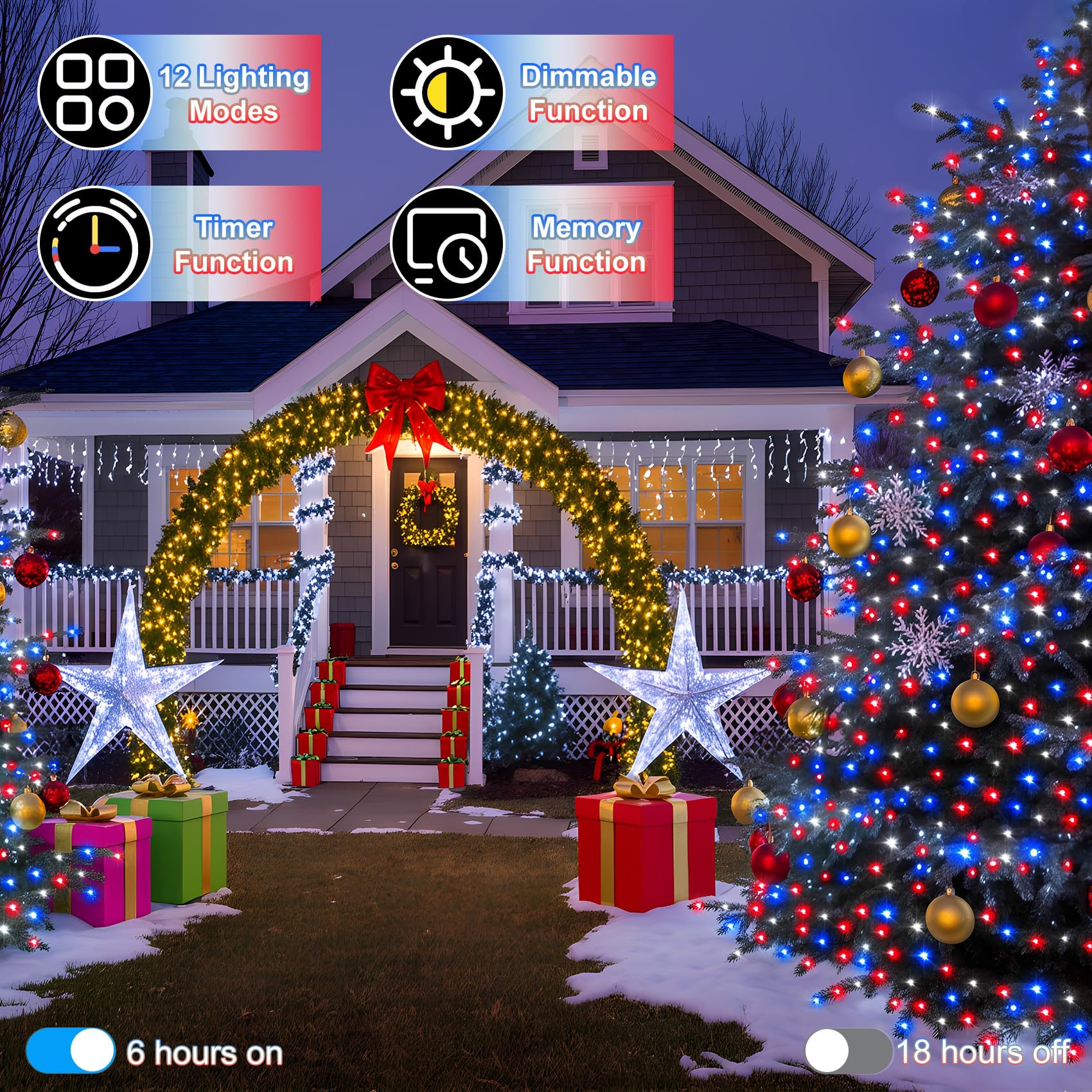 340 Led 90Ft Christmas String Lights Outdoor  12 Pro Modes And Timer Memory & Brightness  Plug In Waterproof Dark Green Wire Twinkle Light For For Xmas Yard Tree Wedding Party Decor Red White Blue