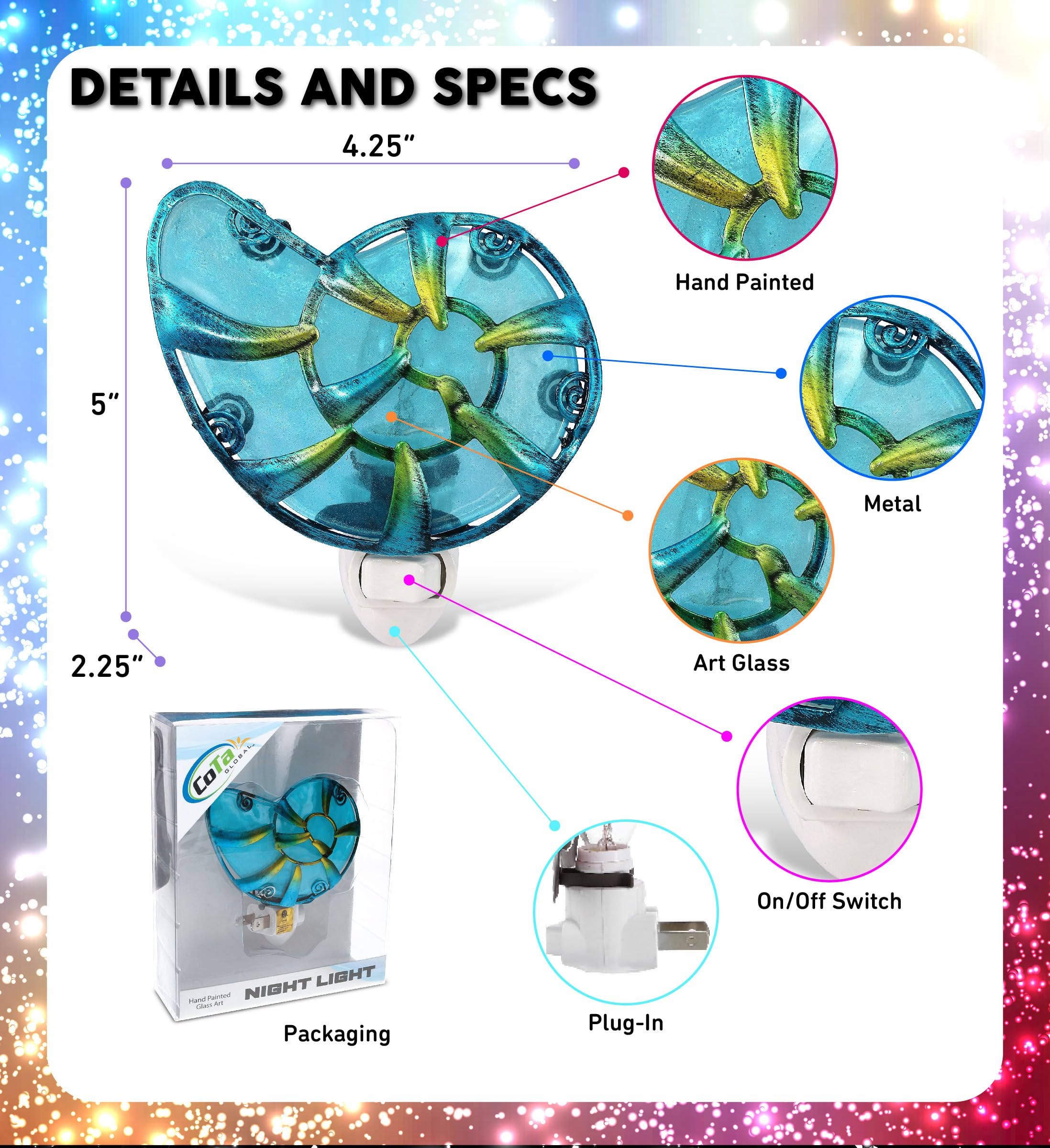 Puzzled Glass Art Sea Shell Night Light - Decorative Night Light Plug In Ocean Wall Decor, Perfect Night Light For Bathroom Beac