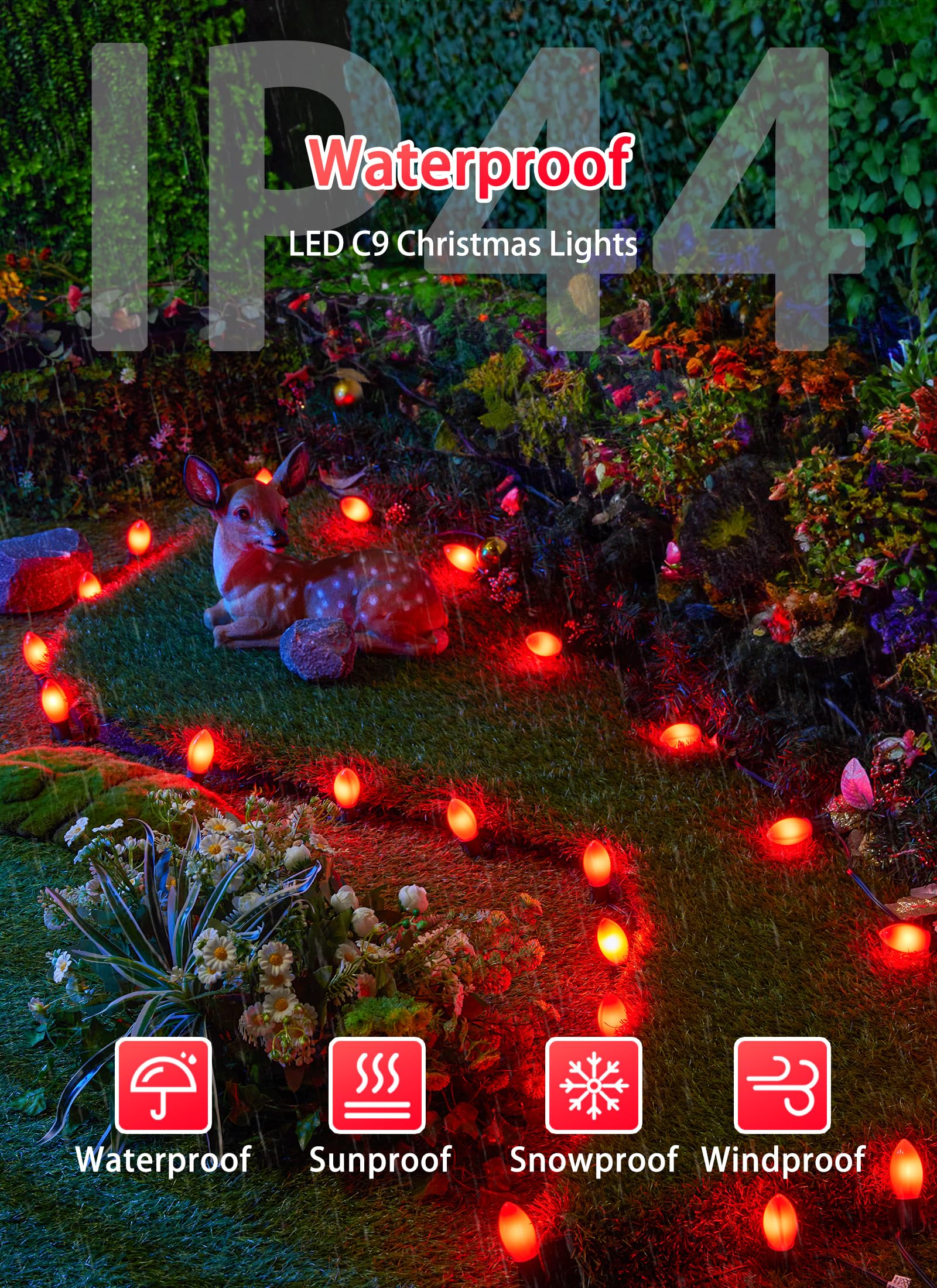 Minetom Vintage C9 LED Christmas Lights, 50FT Outdoor String Lights, 50 Shatterproof Bulbs, Waterproof, Red, Model GYPI-O50LAU