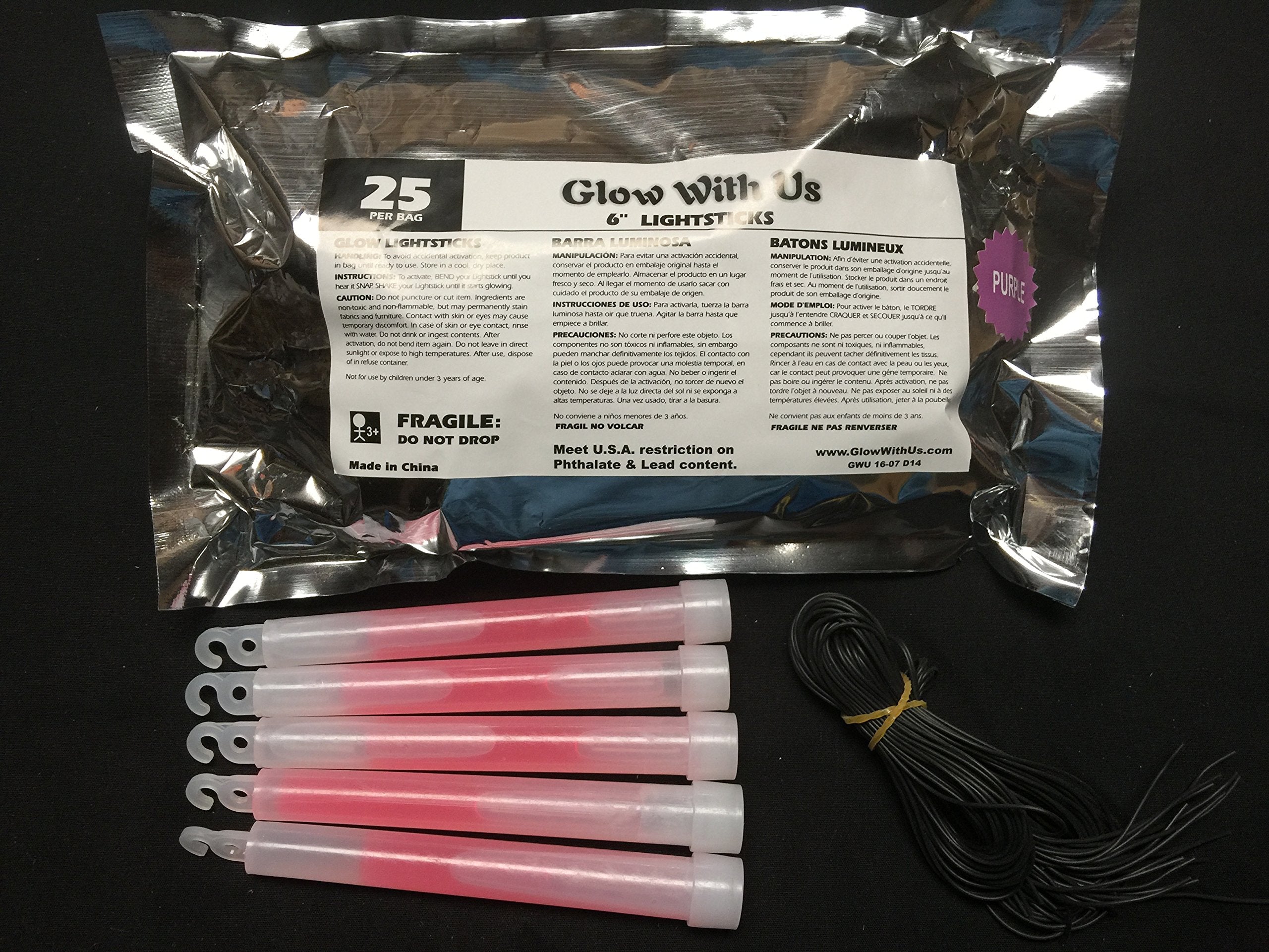 Glow With Us Glow Sticks - 100 Pack, 6” Purple Industrial Grade, 12-14 Hour Glow, Plastic/Polyester Material, Model 221-P800