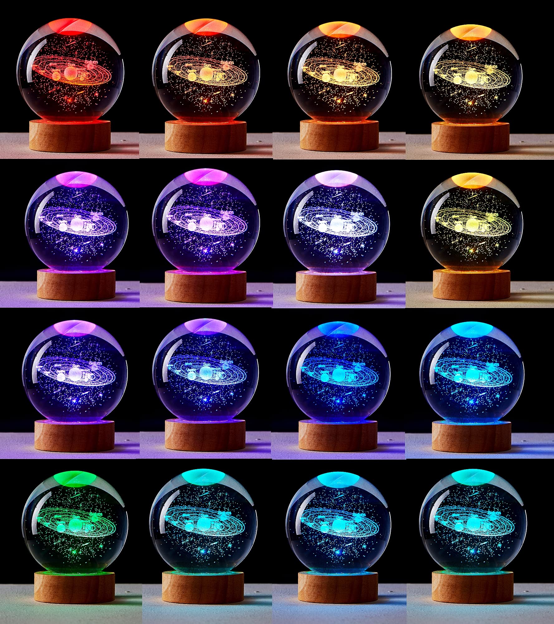 Digfpwt 3.15 Inch Solar System Crystal Ball Lamp,3D K9 Crystal Ball Night Light With Wooden Base,16 Colors Change With Remote Co