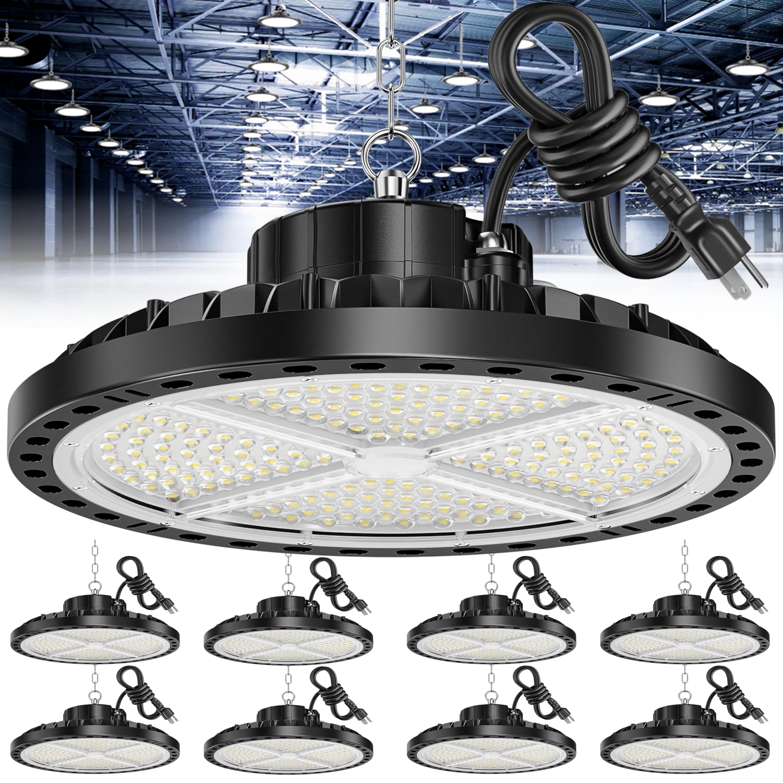 ISKYDRAW UFO LED High Bay Light 200W, 8 Pack Shop Lights for Warehouse with Plug, 30000LM 6500K Daylight IP65 Waterproof Commerc