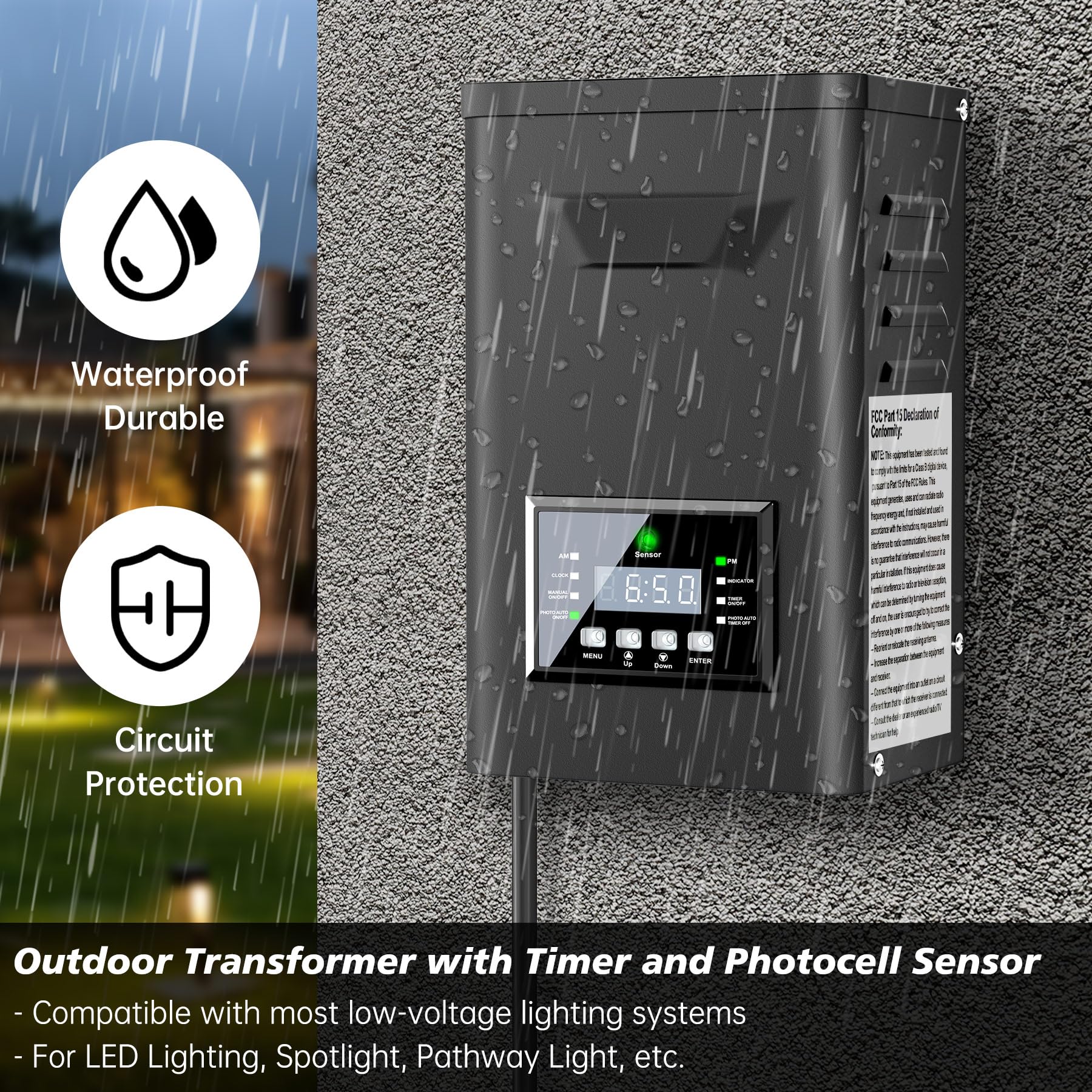Azhien 300W Low Voltage Landscape Transformer with Timer & Photocell Sensor, Black, 120V to 12V/14V AC for Outdoor Lighting
